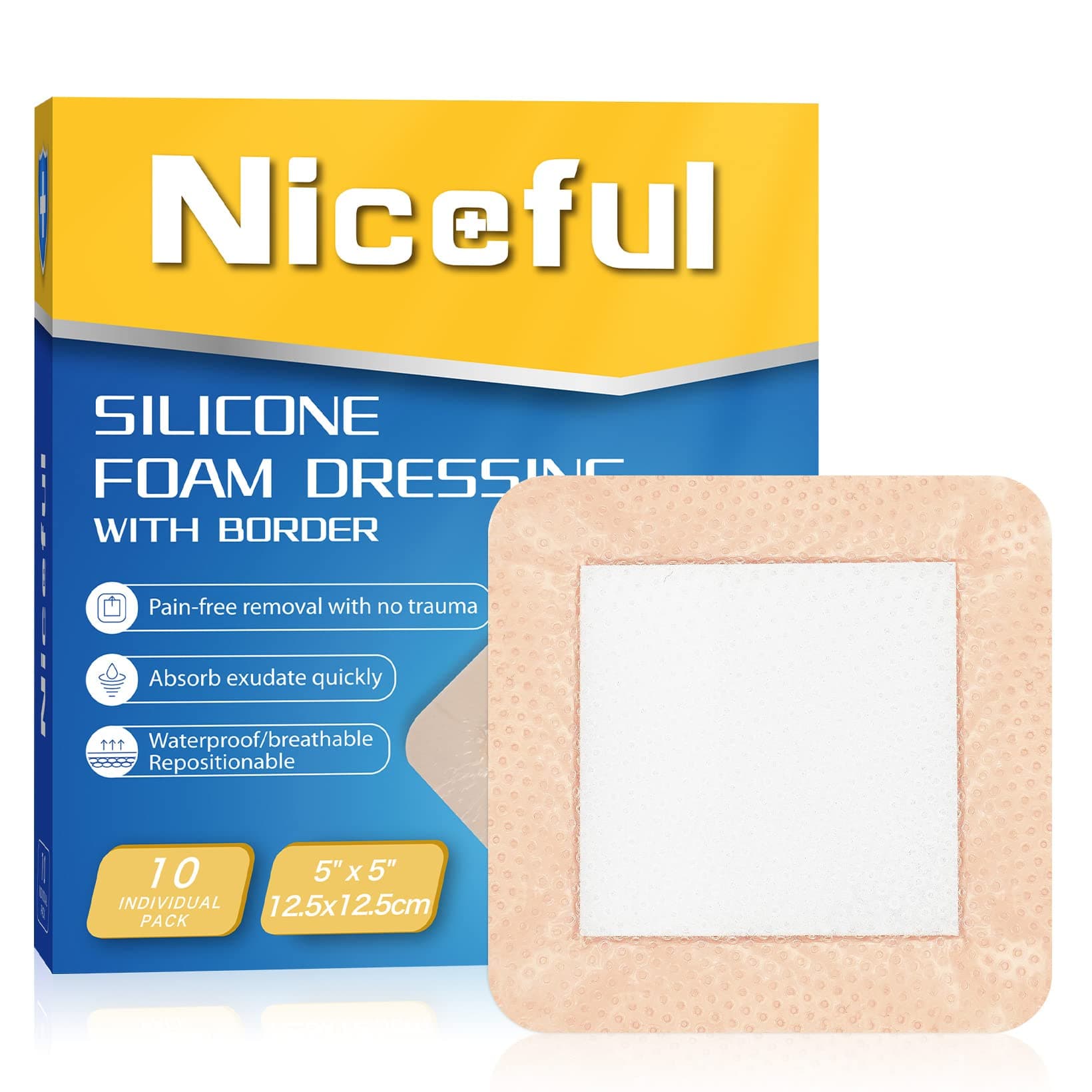 10 Count 5" x 5" Silicone Foam Dressing with Gentle Border (3" x 3" Pad) – Bandages for Wounds, Pressure Sores Post-Surgery Incisions Abrasions & Blisters, High Absorbency Wound Care