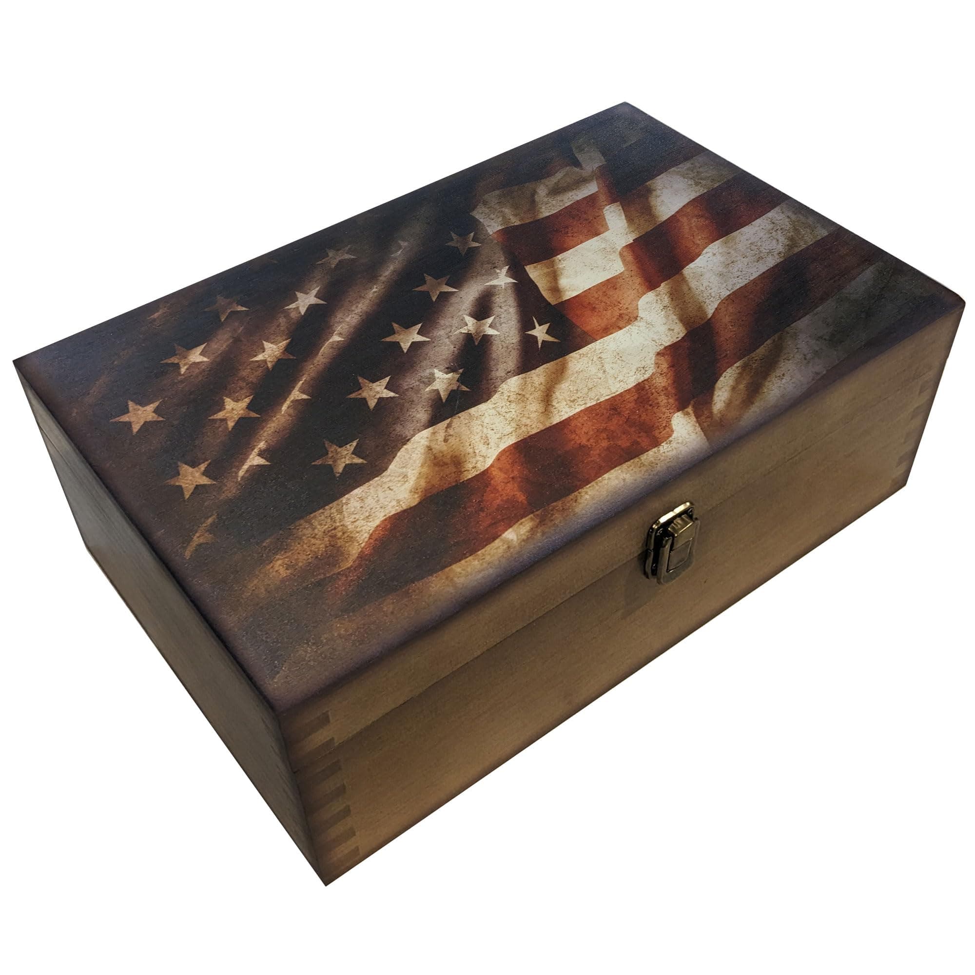 Rustic Flag Wooden Keepsake Box, Large Memory Box for Keepsakes, Decorative Storage Box for Memories, Jewelry, & Photos, Memorial Boxes for Men & Women