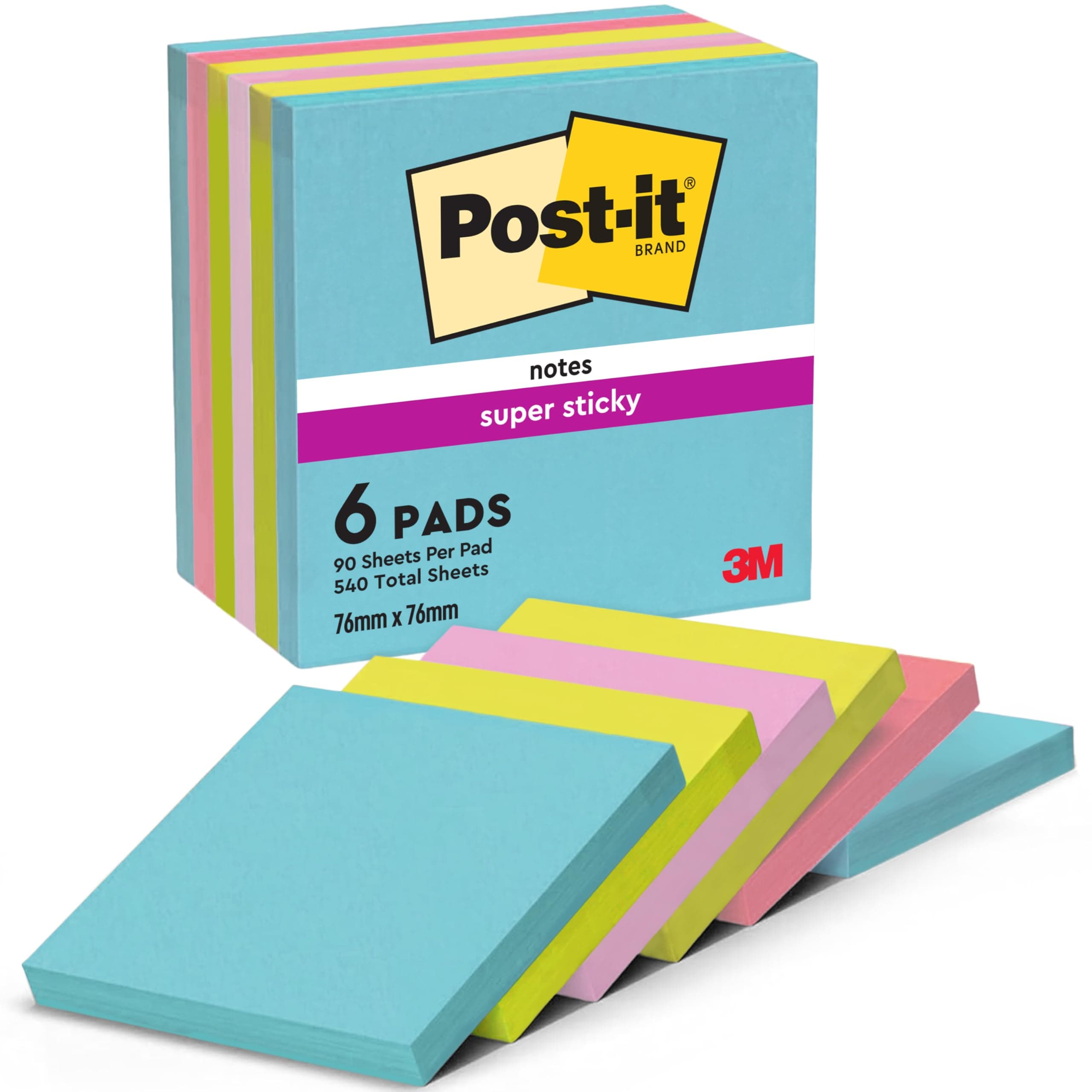 Post-it Super Sticky Notes, 540 Sheets, Pack of 6 Pads, 76 mm x 76 mm - Holds Strong to Many Surfaces - Bright Colours - for Walls, Monitors and Fridge, Recycable