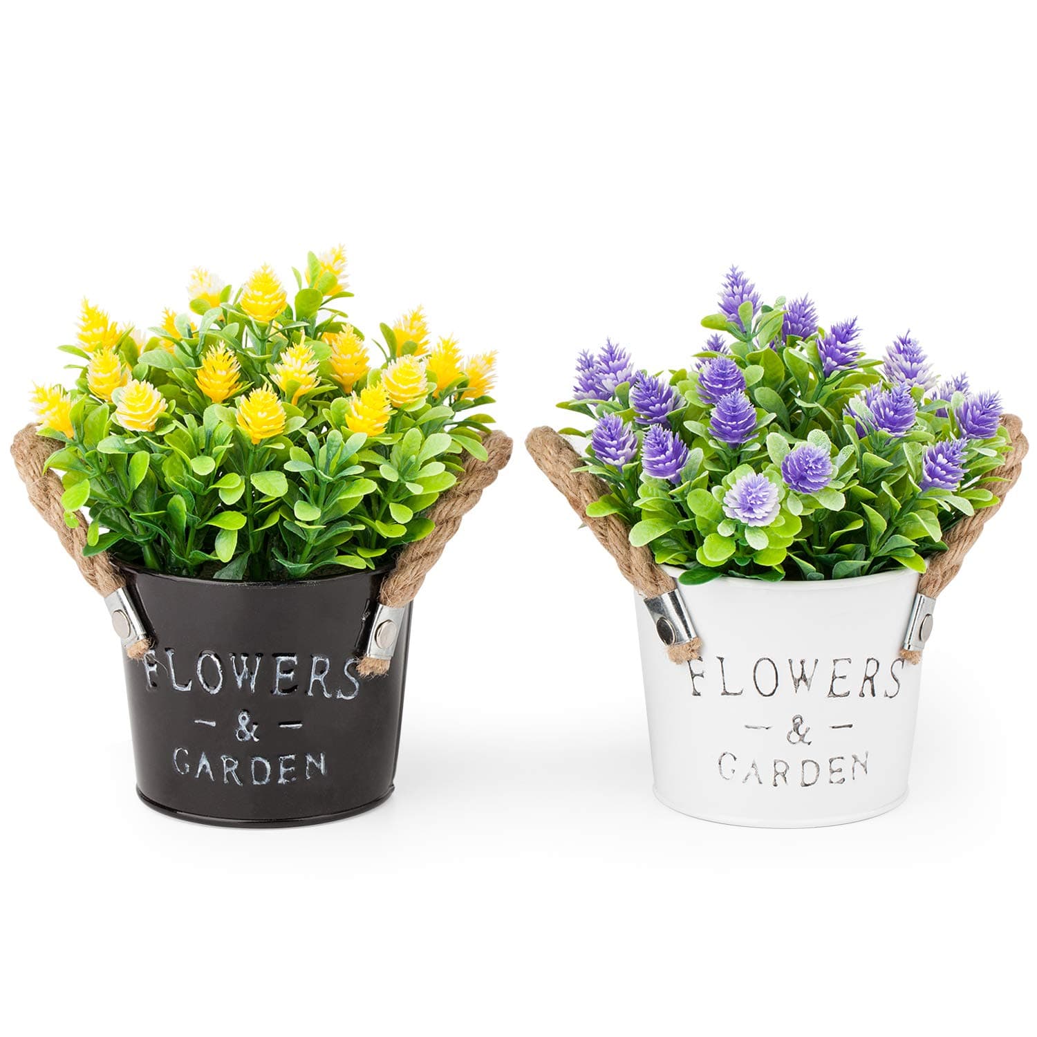 2 PCS Artificial Potted Plants Mini Fake Plants in Rustic Metal Pot Small Artificial Plants House Plants for Home Desk Shelf Office Kitchen Bathroom Decor Purple and Yellow – Set of 2