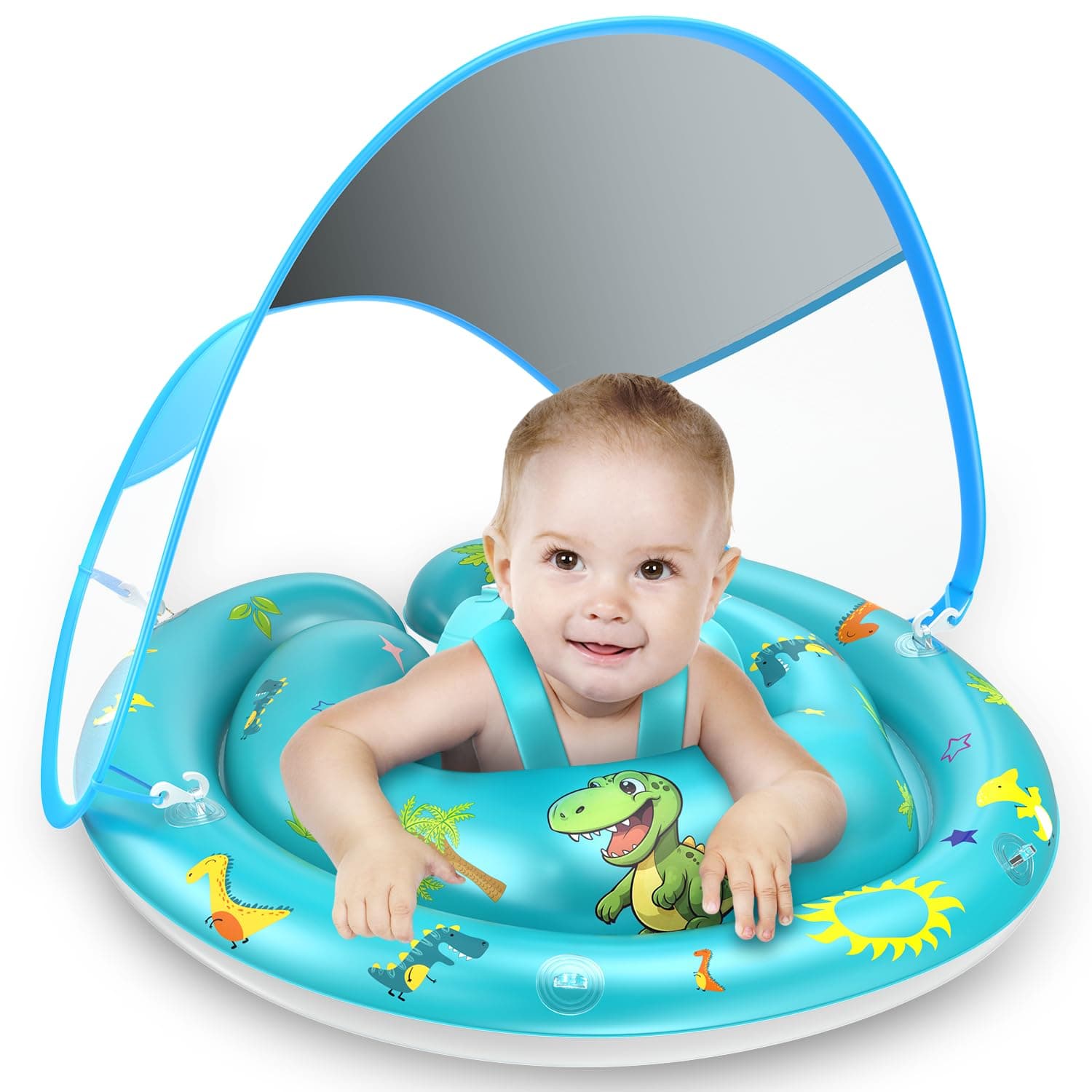 LAYCOL Baby Pool Float with 120° Adjustable Canopy UPF50+ Sun Protection and Ocean Animal Toy, Inflatable Pool Floats for Pool Toys, Baby Beach Essentials with Safety Seat, Toddler Floaties for 6-36M