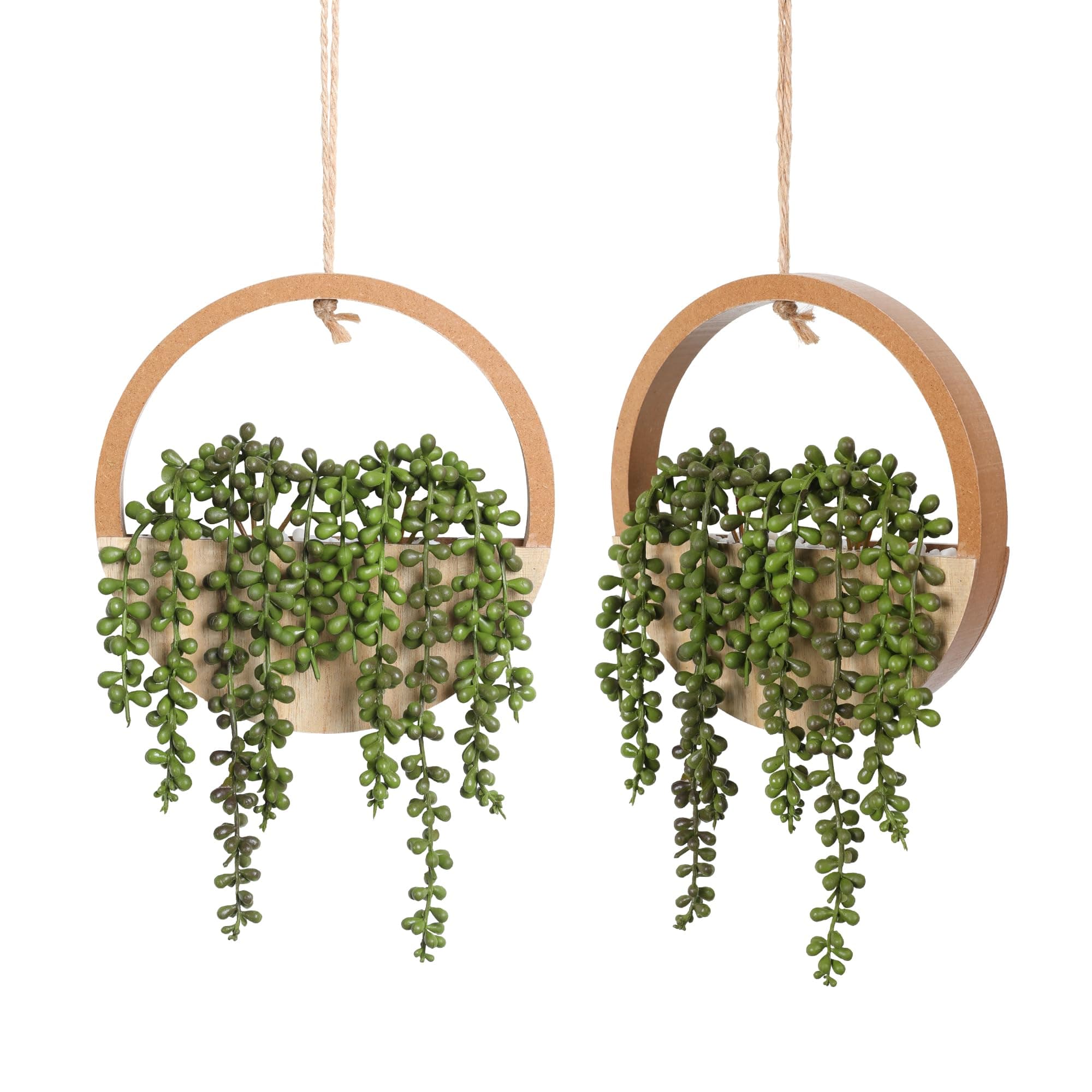 Floweroyal 2pcs Artificial Succulents Hanging Plants 12.2'' Fake String of Pearls in Pot with 8.3'' Lanyard for Indoor Outdoor Wall Decor(Wood Color).
