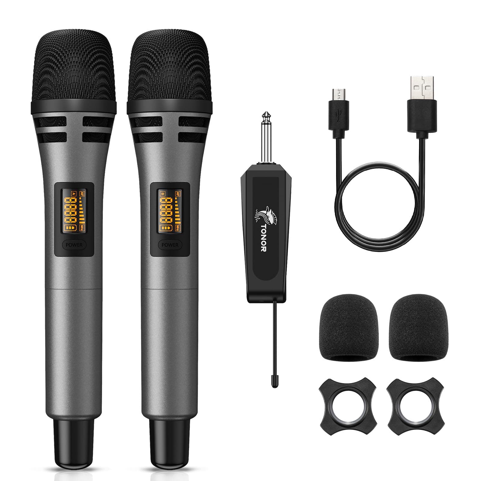 TONOR Wireless Microphone, UHF Metal Wireless Dynamic Handheld Microphone System with Rechargeable Receiver, 1/4" Output for Amplifier, PA System, Karaoke Machine, 60 Meters, Grey