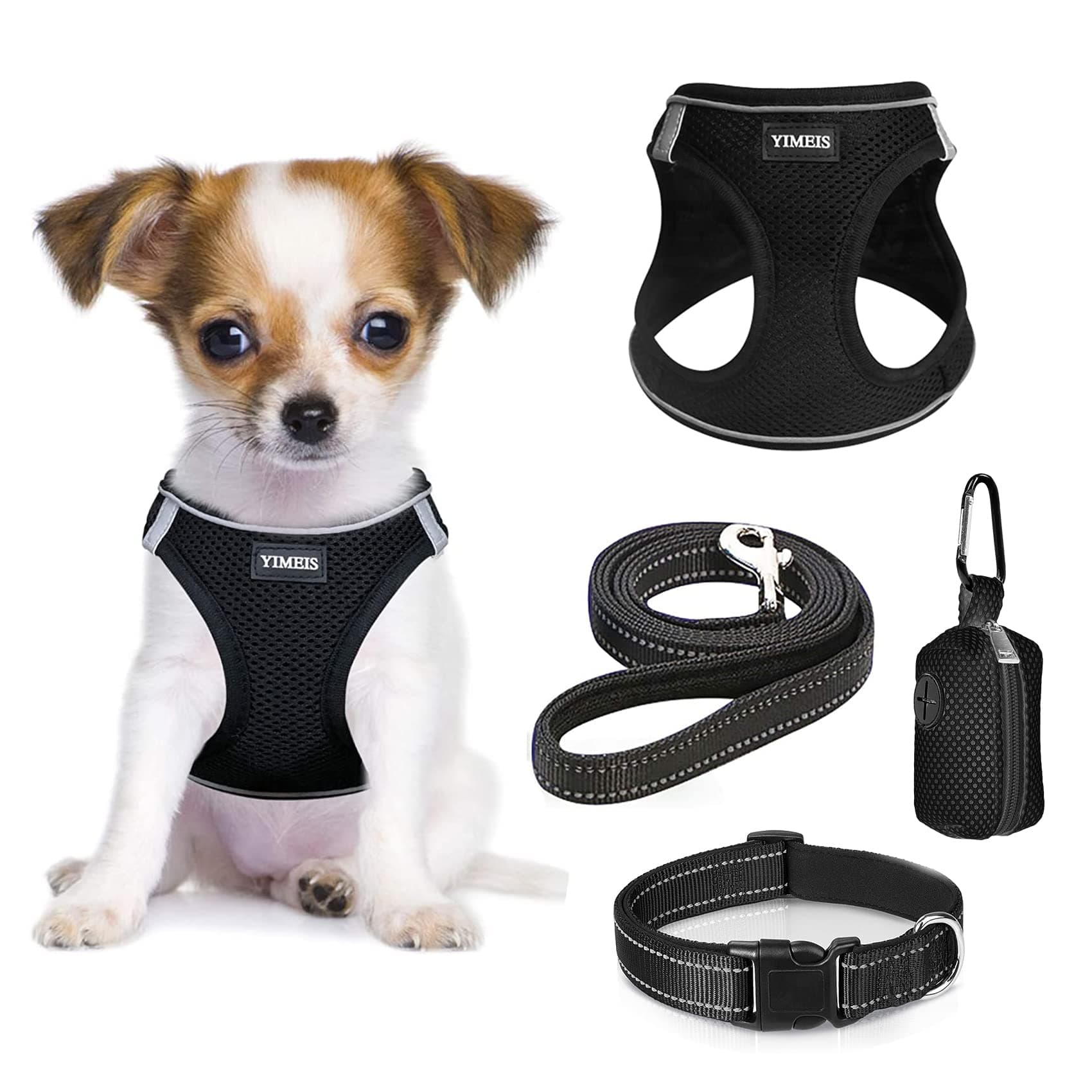 YIMEIS Dog Harness and Leash Set, No Pull Soft Mesh Pet Harness, Reflective Adjustable Puppy Vest for Small Medium Large Dogs, Cats (Black-Update, Medium (Pack of 1)