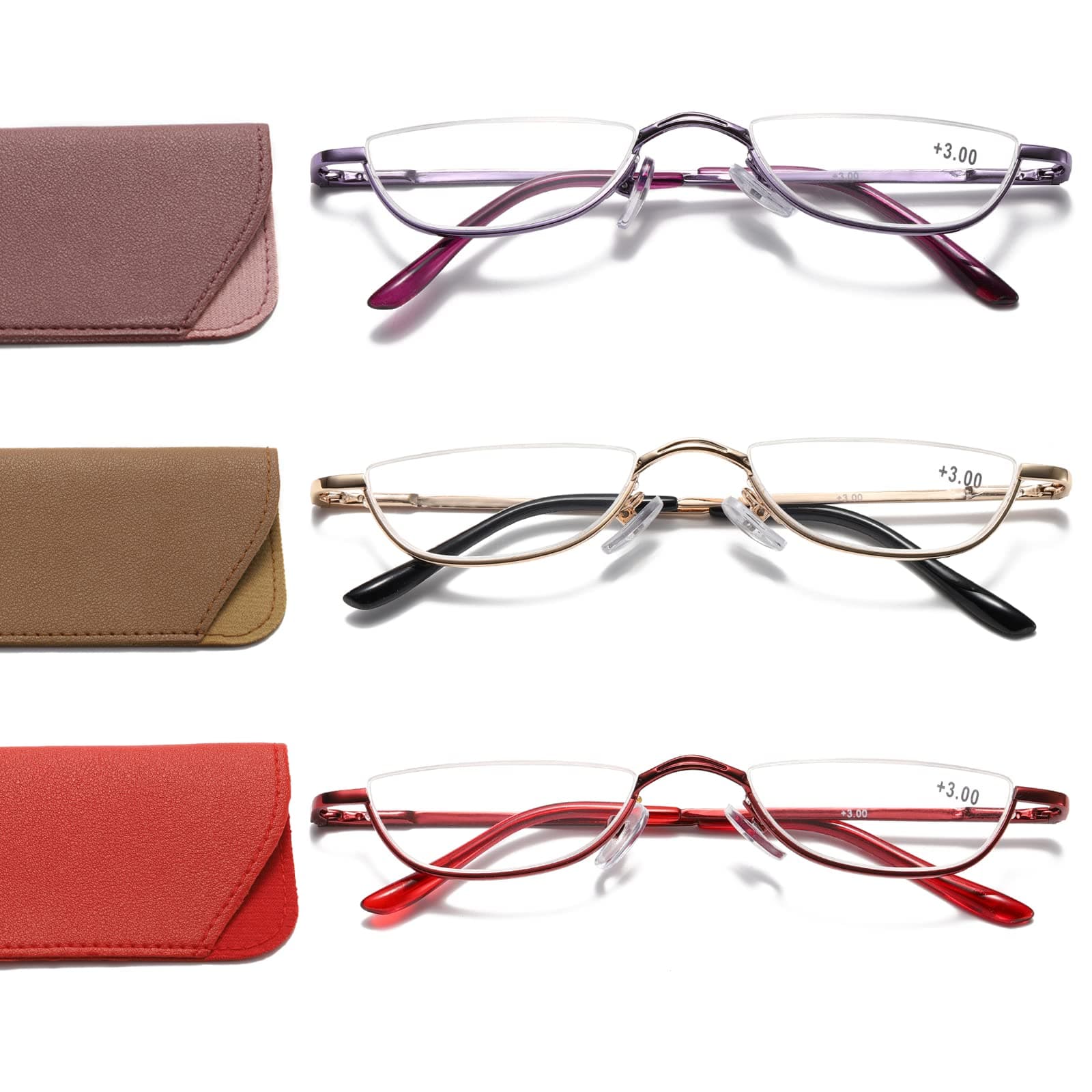 Viseng Half Frame Reading Glasses for Women Men Slim Half Moon Lens Readers Metal Semi Rimless eyewear Purple+Gold+Red+2.5
