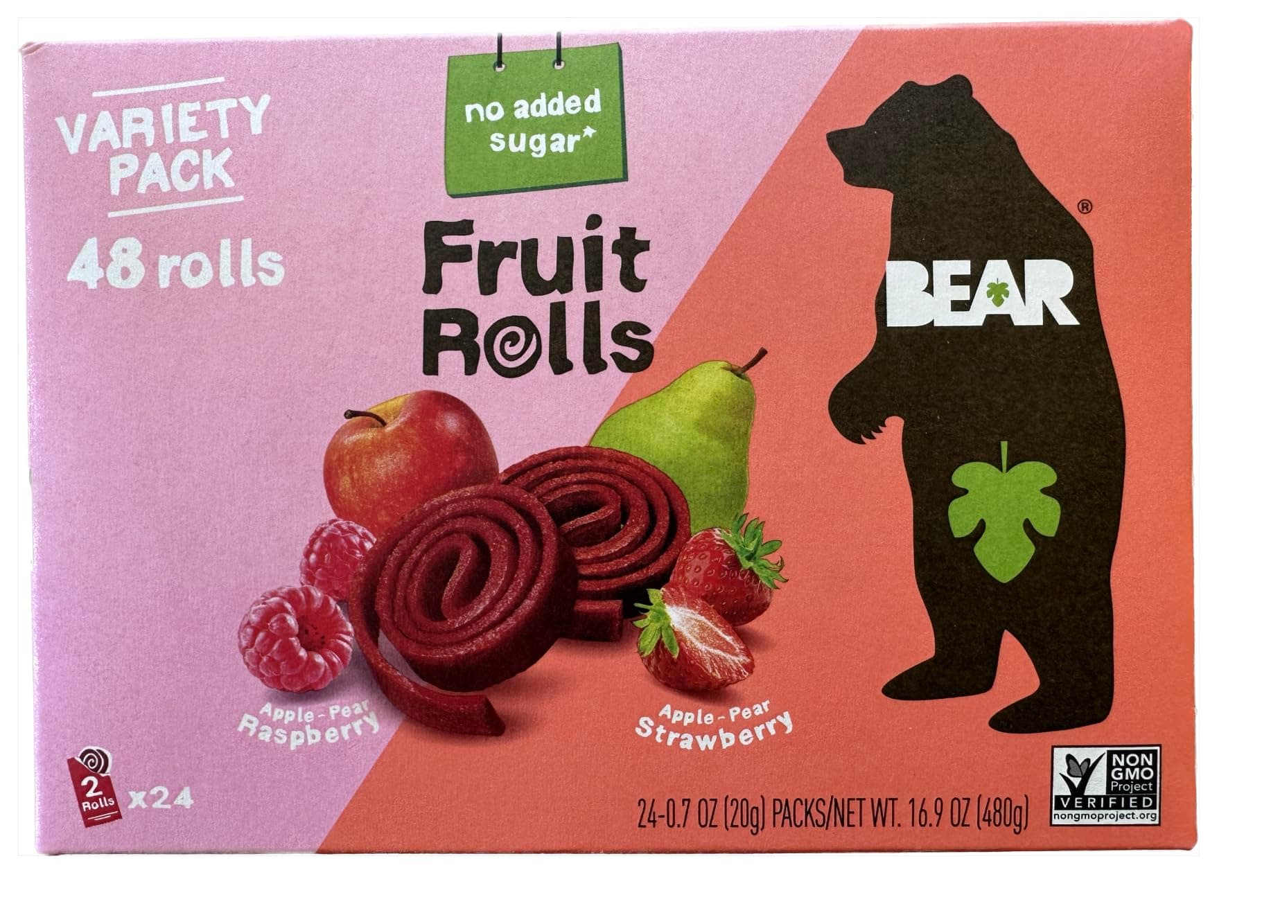 Bear Real Fruit Snack Rolls, Strawberry & Raspberry Variety Pack, 48 Roll (24pk, 2 rolls per Pack)