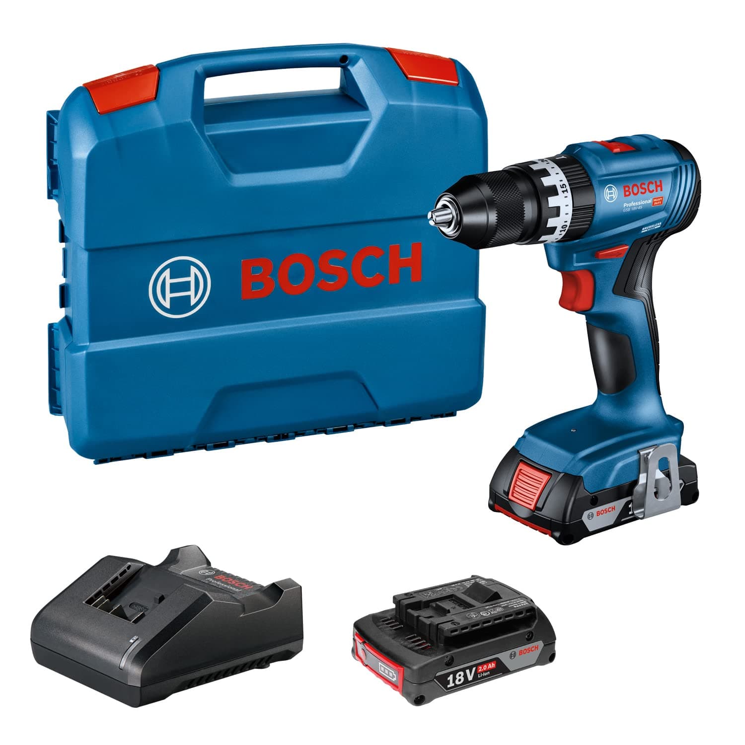 Bosch Professional 18V System Cordless Impact Drill Driver GSB 18V-45 (incl. 2X GBA 2.0Ah Batteries, Charger GAL 18V-20, L-Case)