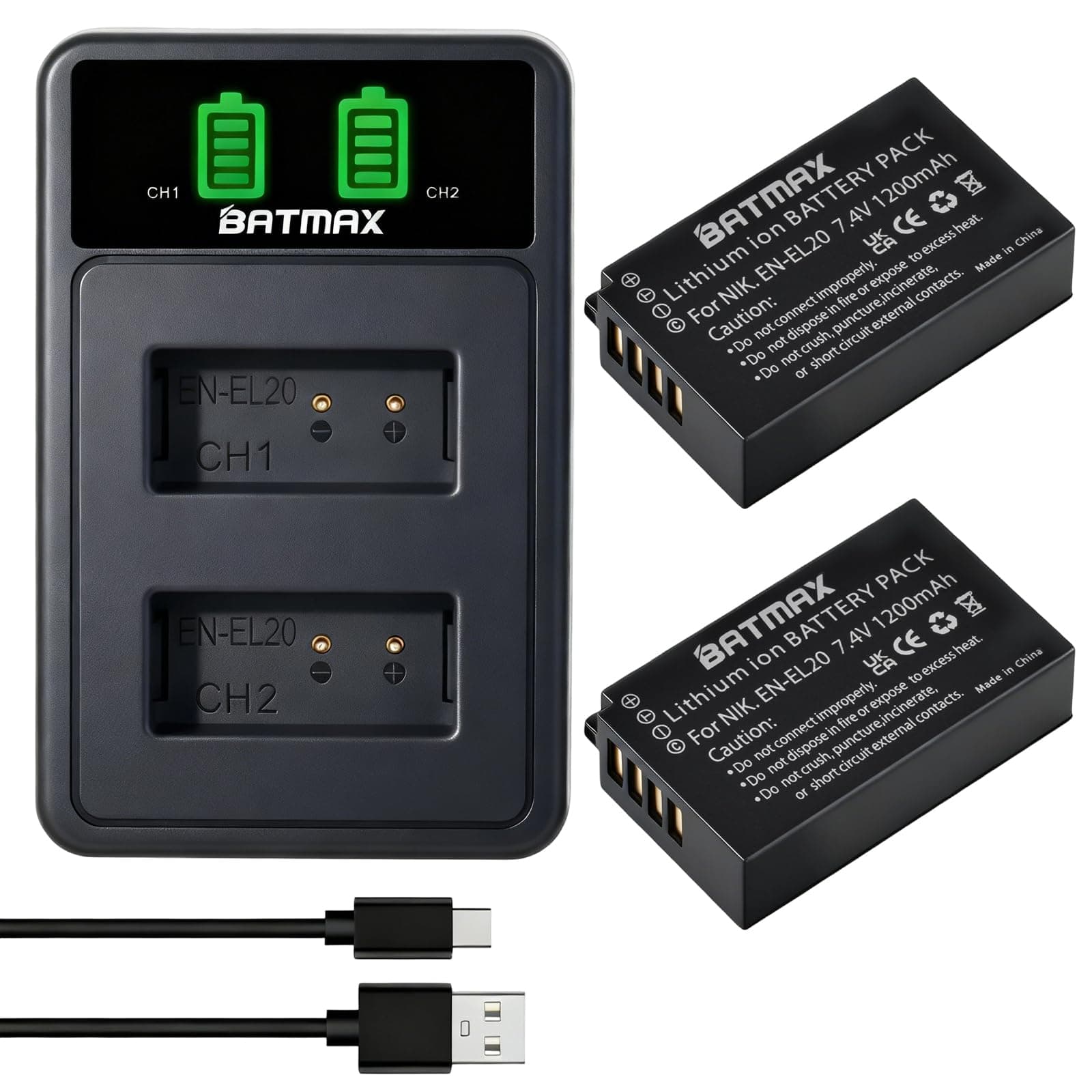 Batmax EN-EL20 Battery (2-Pack) + LED USB LCD Charger for Nikon EN-EL20 EN-EL20a Nikon P1000, P1100, DL24-500,1 J1, 1 J2, 1 J3, 1 S1, 1 V3, Coolpix A, 1 AW1,Coolpix P950 Cameras