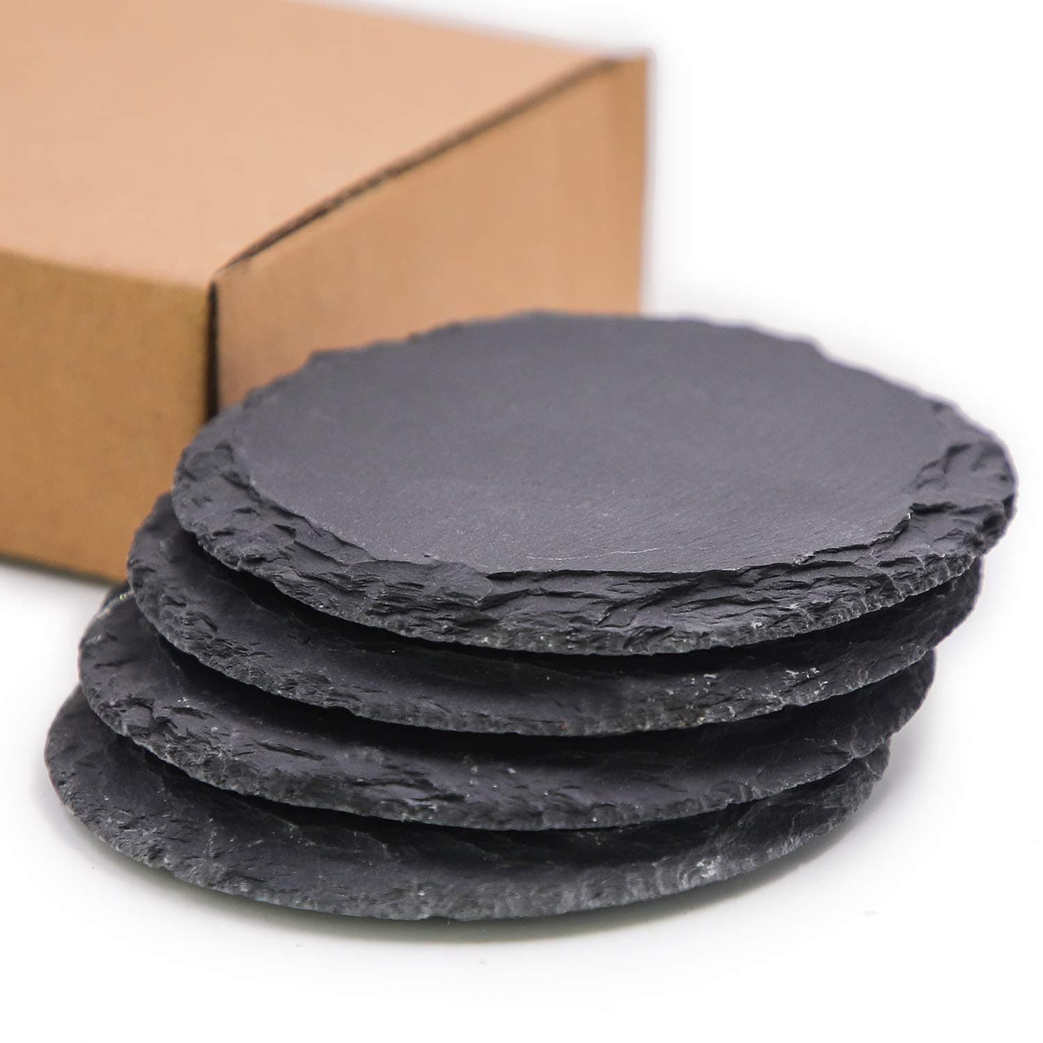 TOSSOW Slate Stone Coasters Set,4 PCS Black Round Cup Coaster,Natural Edge Drinks Stone for Bar Kitchen Home,3.93inch