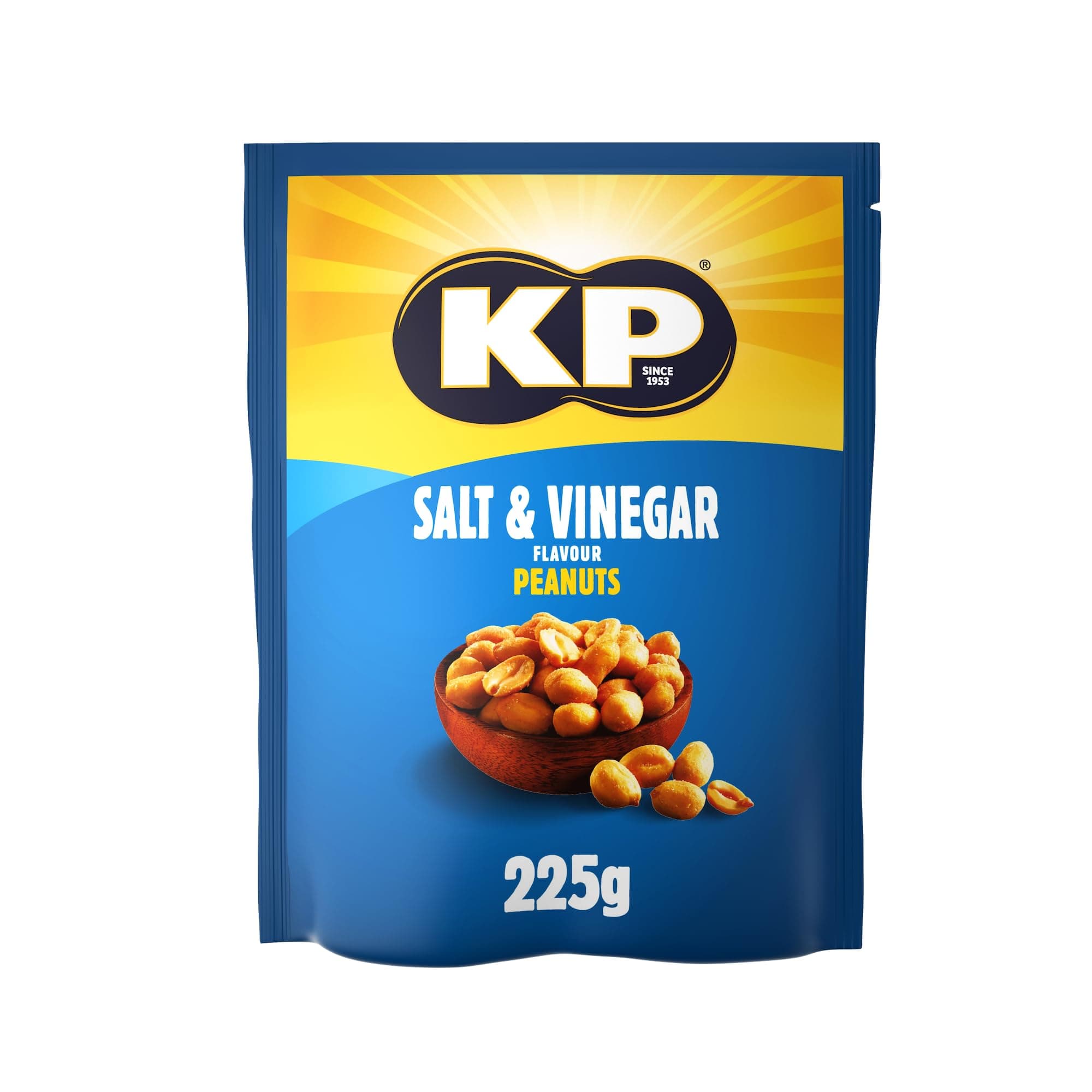 KP Nuts SALT & VINEGAR Peanuts 225g Pack - Roasted until golden for the perfect KP taste and crunch. Source of protein and high in fibre.