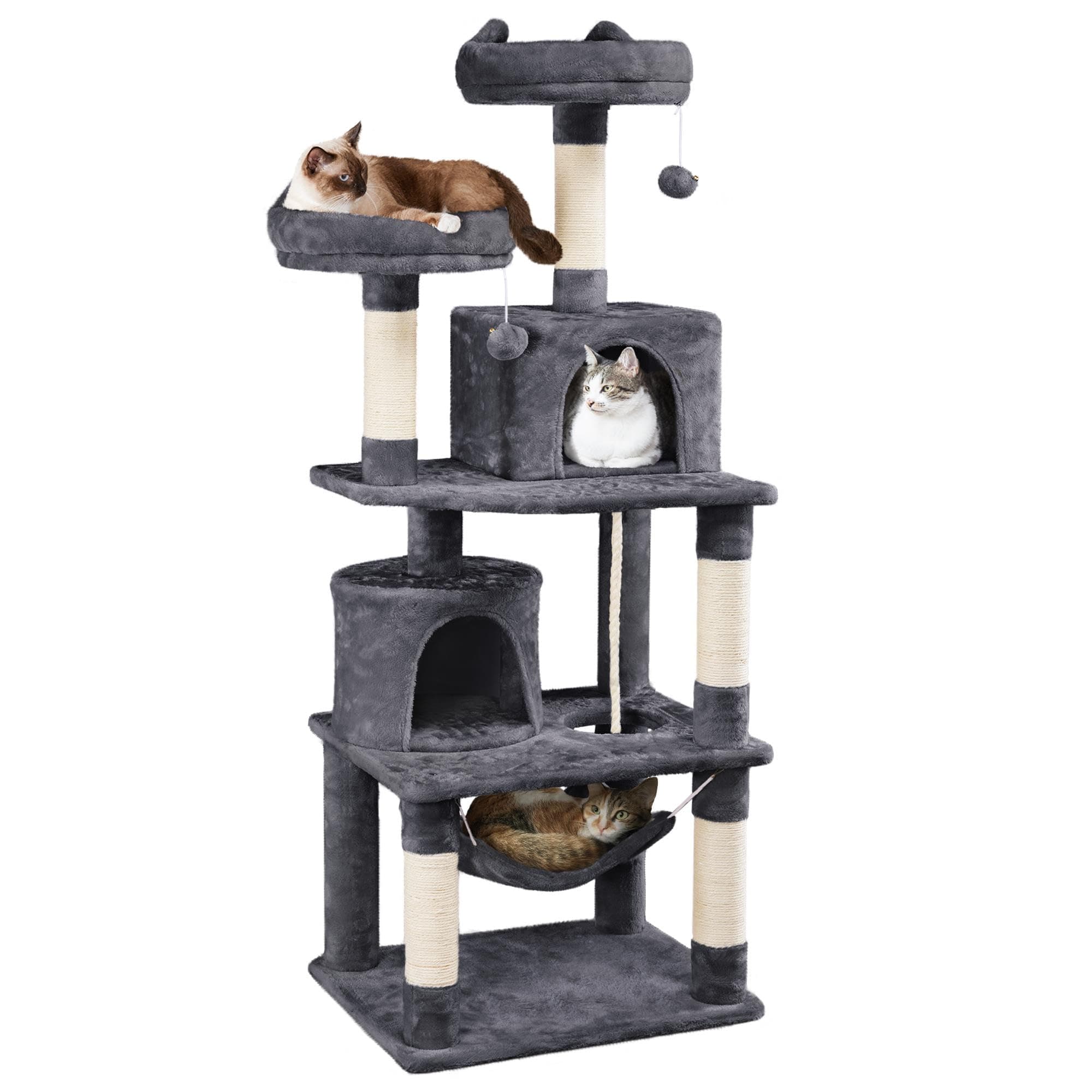 62.5inches Cat Tree Cat Tower Cat Condo with Platform & Hammock, Scratching Posts for Kittens Pet Play House with Plush Perch for Indoor Activity Relaxing, Dark Gray