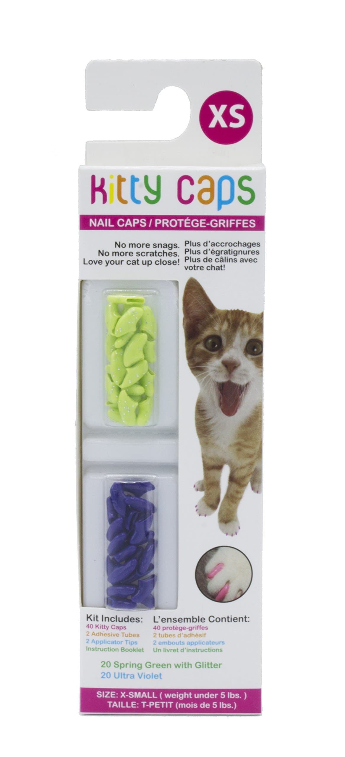 Kitty Caps Nail Caps for Cats, Spring Green with Glitter & Ultra Violet - Safe, Stylish & Humane Alternative to Declawing Stops Snags & Scratches, X-Small (Under 5 lbs), 40 Count