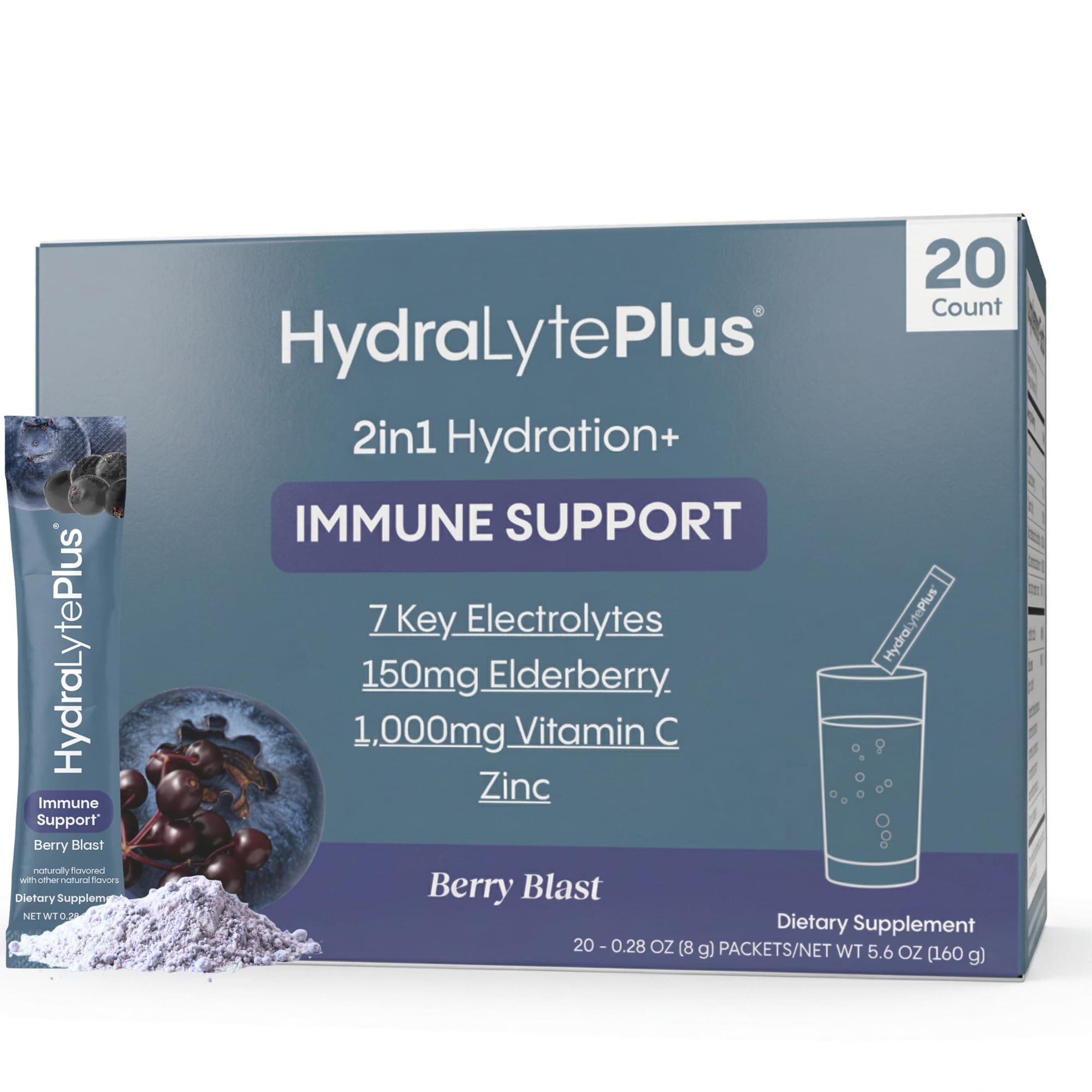 Electrolytes Plus Immunity, Elderberry - Low Sugar Rapid Rehydration Powder - Lightly Sparkling Electrolyte Powder Packets with 1,000mg Vitamin C and 300 mg Elderberry (8oz Serve, 20 Count)