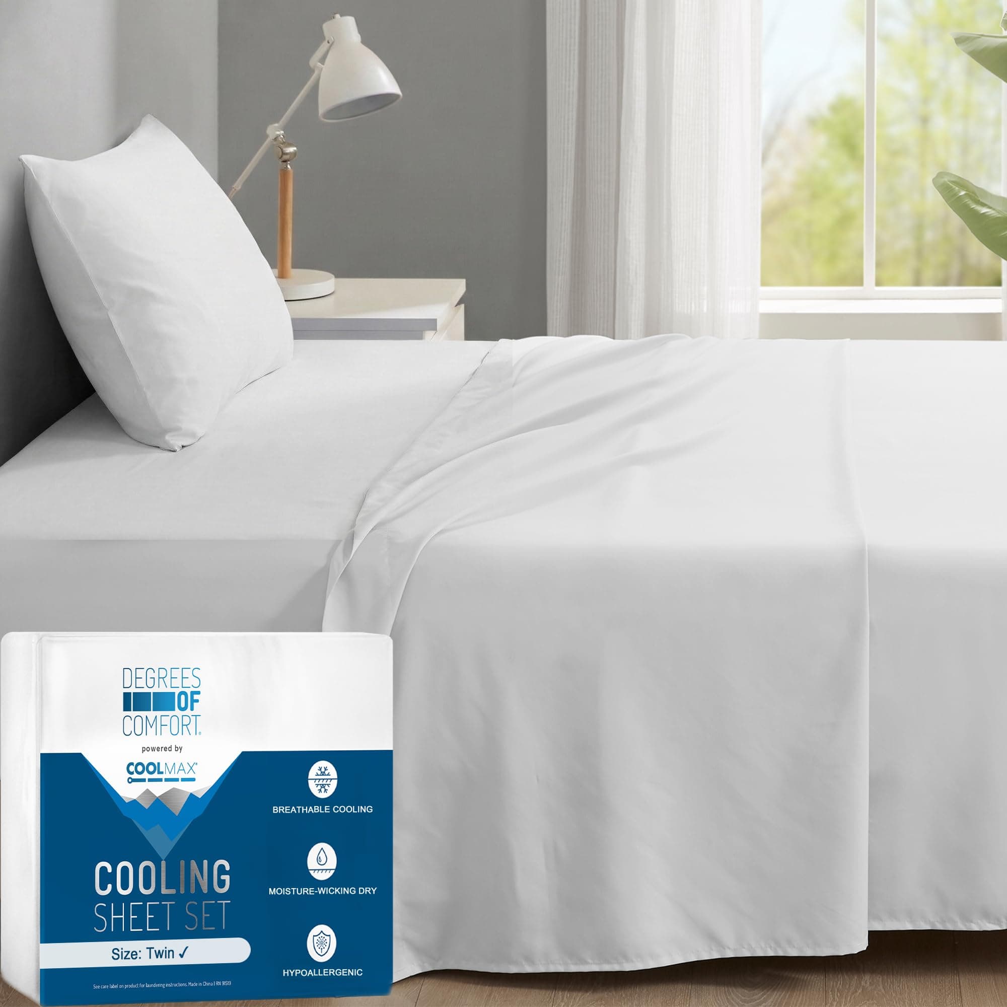 Degrees of Comfort Coolmax® Cooling Bed Sheets Twin Size for Hot Sleepers, Moisture Wicking Sheet Set for Night Sweats, Deep Pocket, Ultra Soft, Cozy for All Seasons, White 3 Pieces