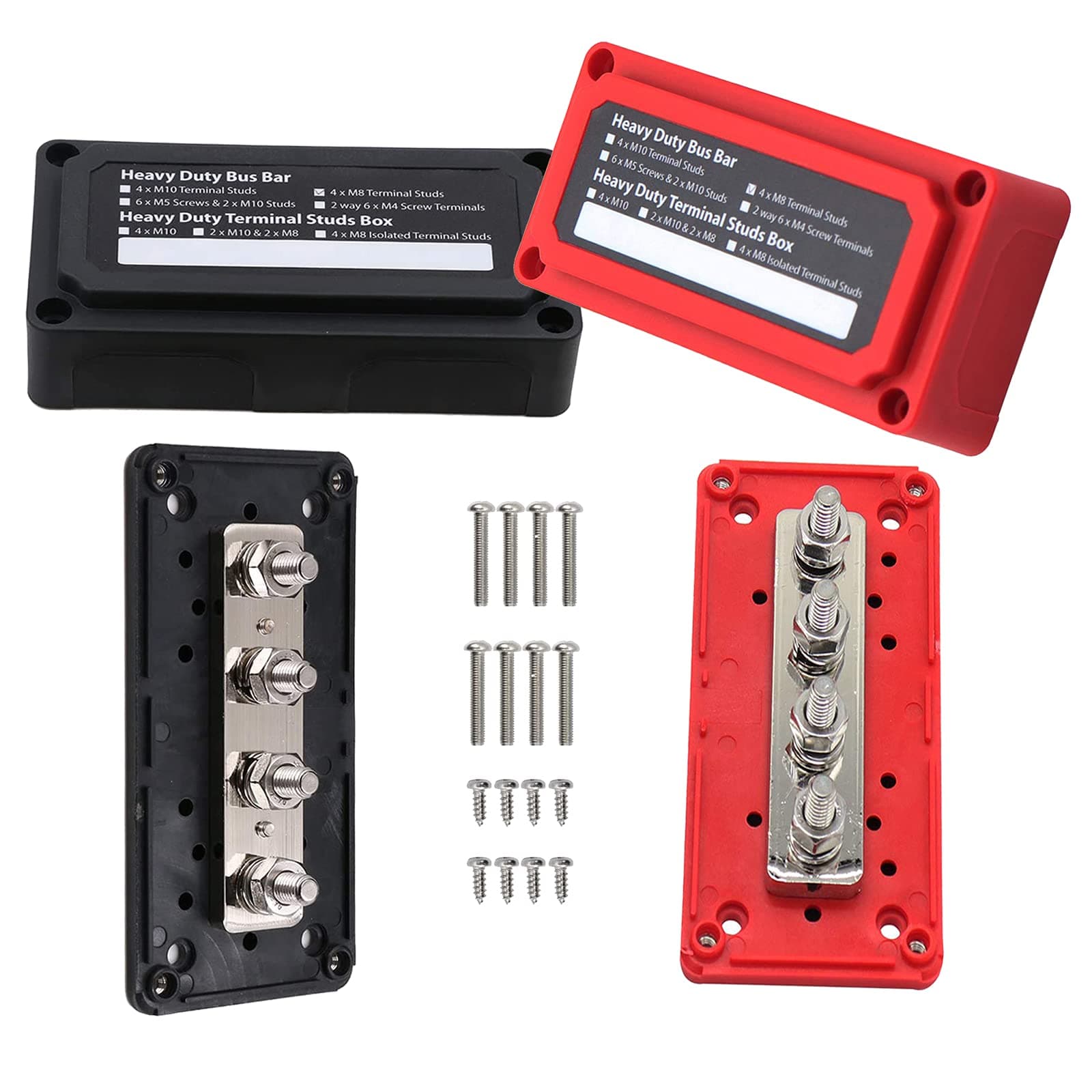 300A Bus Bar 12V Heavy Duty Module Design Power Distribution Block Waterproof Bus bar Box with 4X M8(5/16") Terminal Studs for Battery Marine Automotive RV Car Truck (Black & Red)