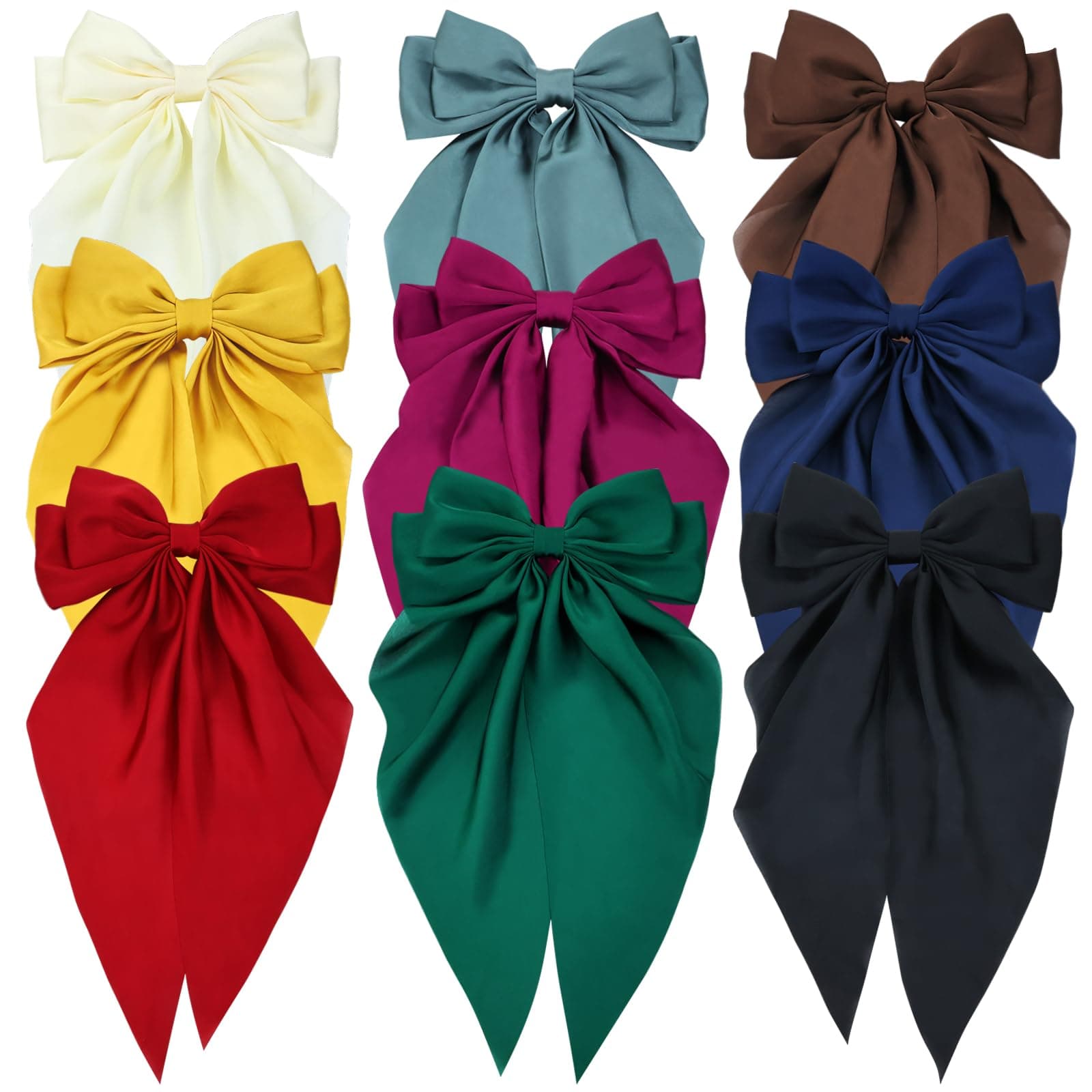 9 Pack Oversized Satin Hair Bows White Pink Red Blue Green Black Hair Accessories Bowknot with Long Tail Ribbon Giant Hair Bow Clips French Barrettes for Women Girls' Ponytails and Buns