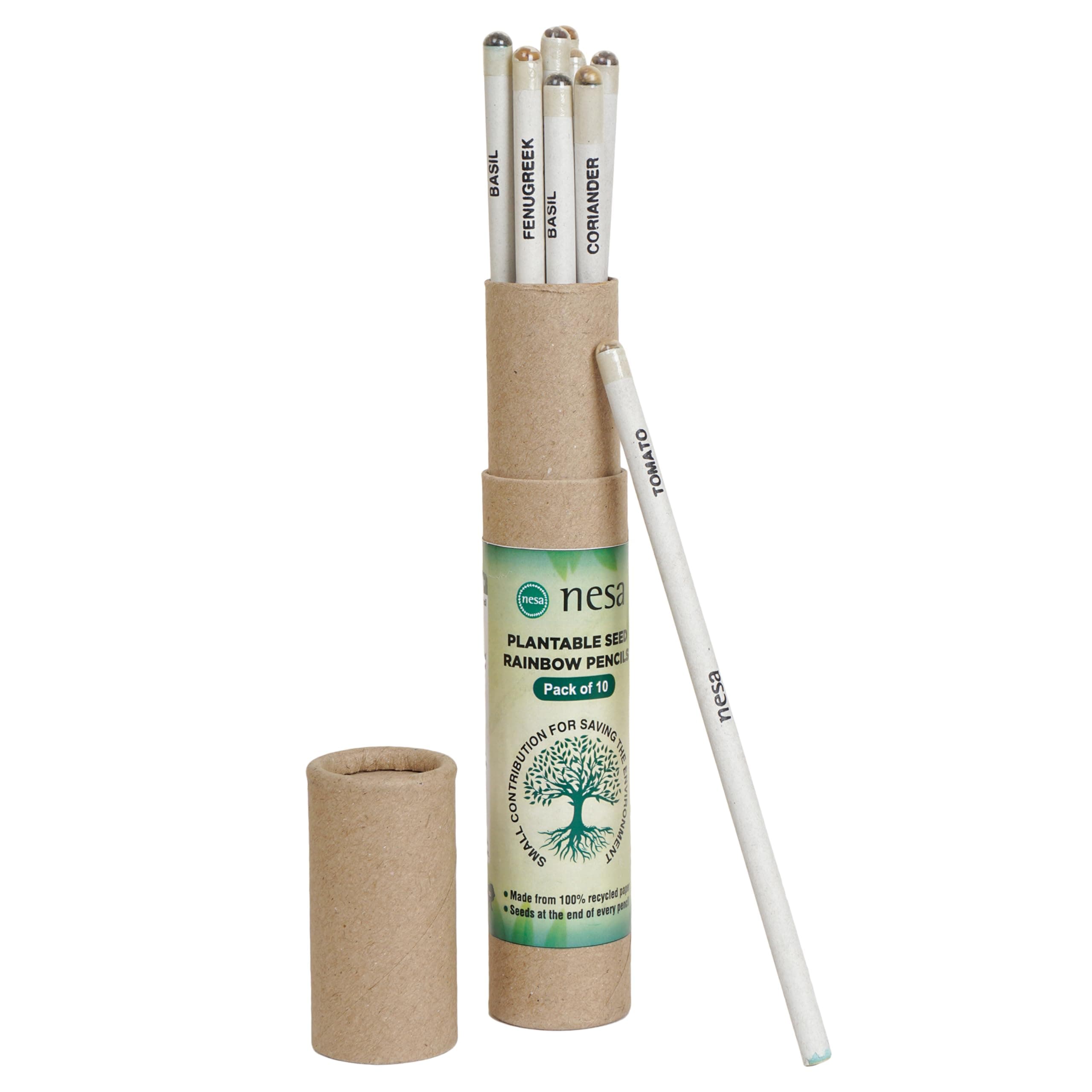 Nesa Plantable Seed Pencils - Eco-Friendly and Biodegradable Writing - Pack of 10 | Black Graphite Lead | Recycled Paper | Mixed Seeds | Rainbow Pattern