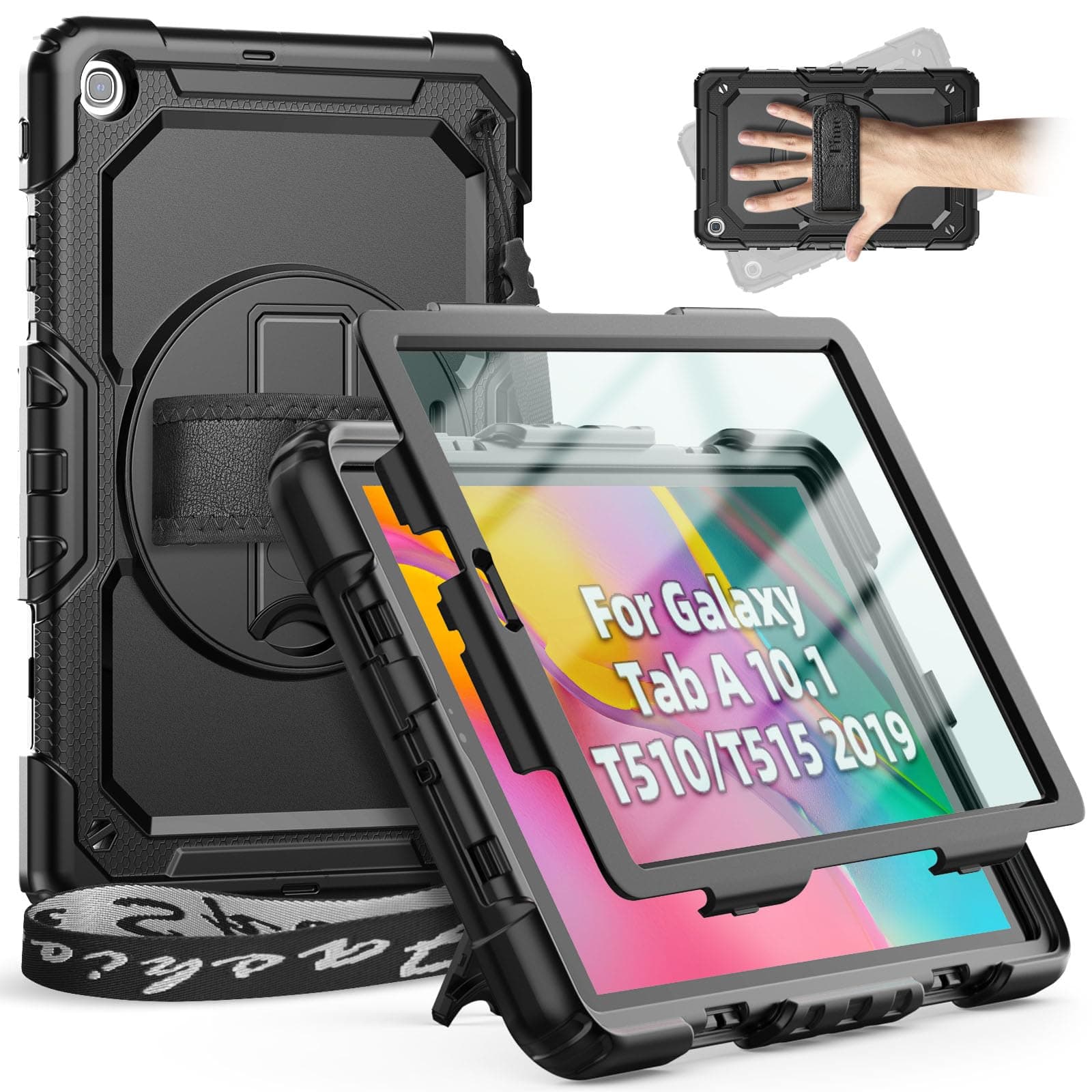 – Case for Samsung Galaxy Tab A 10.1 2019 (SM-T510/ T515), Heavy Duty ShockProof Case with Screen Protector, 360 Rotating Stand, Hand/Shoulder Strap, Pen Holder, Black
