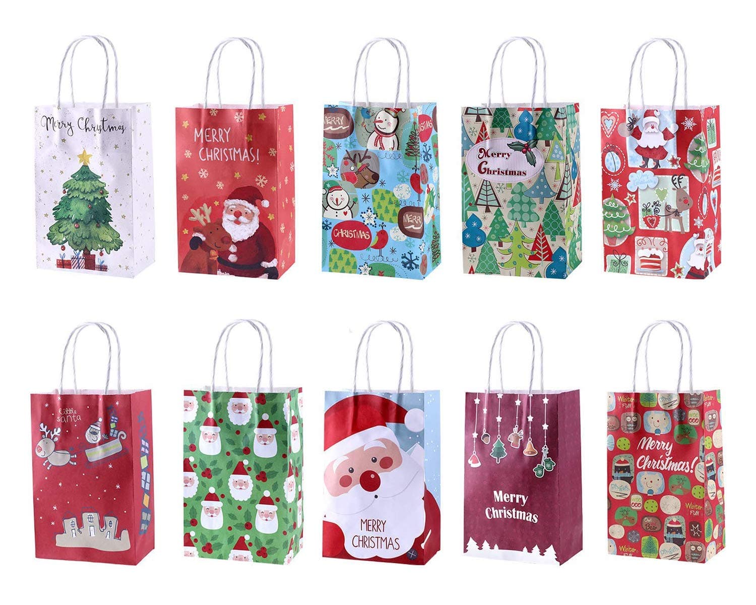 10PCS Small Christmas Paper Gift Bags with Assorted Christmas Pattern for Holiday Wrap, Xmas Goody Bags, Party Favors and Holiday Treats Box