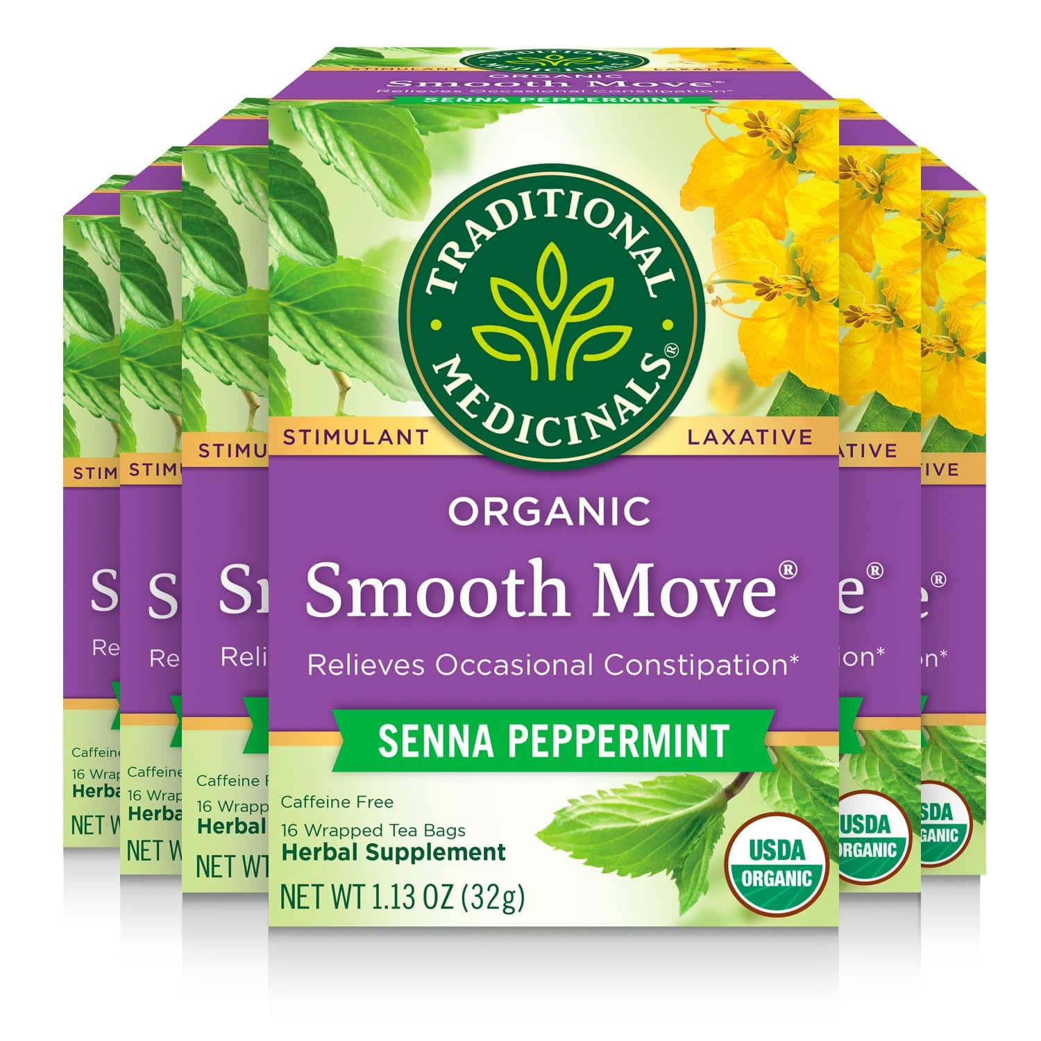 Organic Smooth Move Peppermint Laxative Tea 16 Tea Bags Pack of 6 Multi