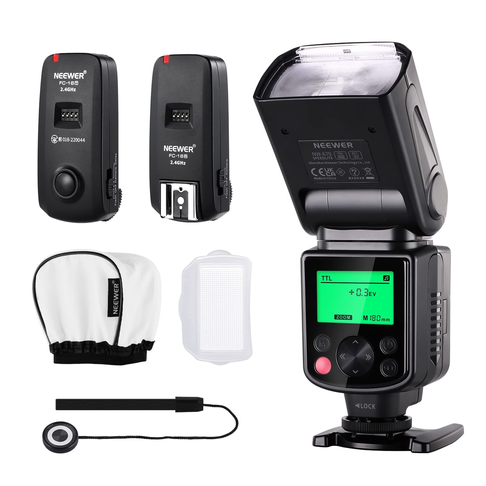 Neewer NW-670 TTL Flash Speedlite with LCD Display Kit for Canon DSLR Cameras,Includes:(1)NW-670 Flash,(1)2.4 GHz Wireless Trigger with C1/C3 Cable,(1)Soft/Hard Diffuser+(1)Lens Cap Holder