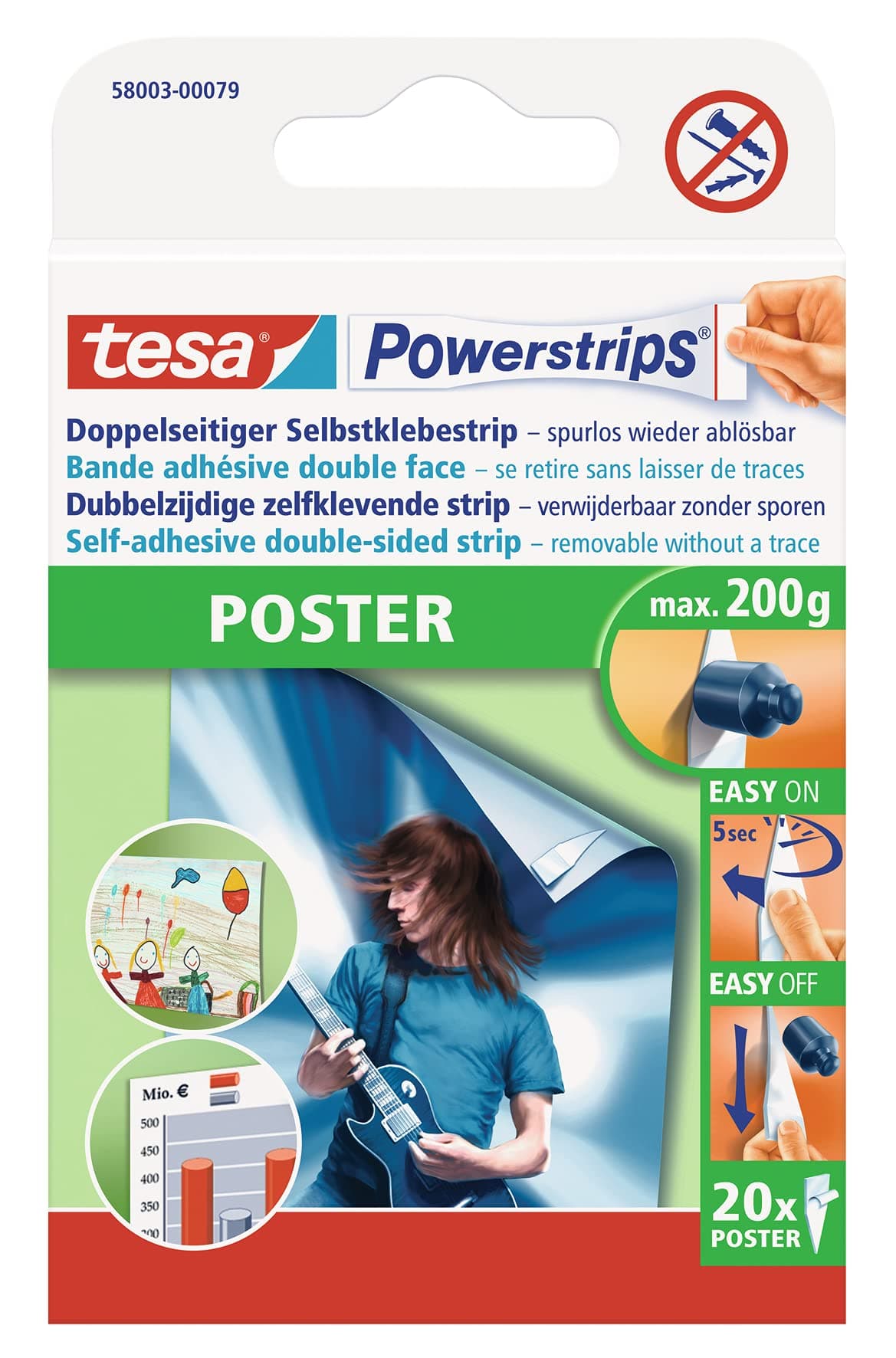 tesa Powerstrips POSTER - Double-Sided Adhesive Strip for Posters - Self-Adhesive Picture Hanging Strips, Tapered - Holds up to 200 g - Pack of 20