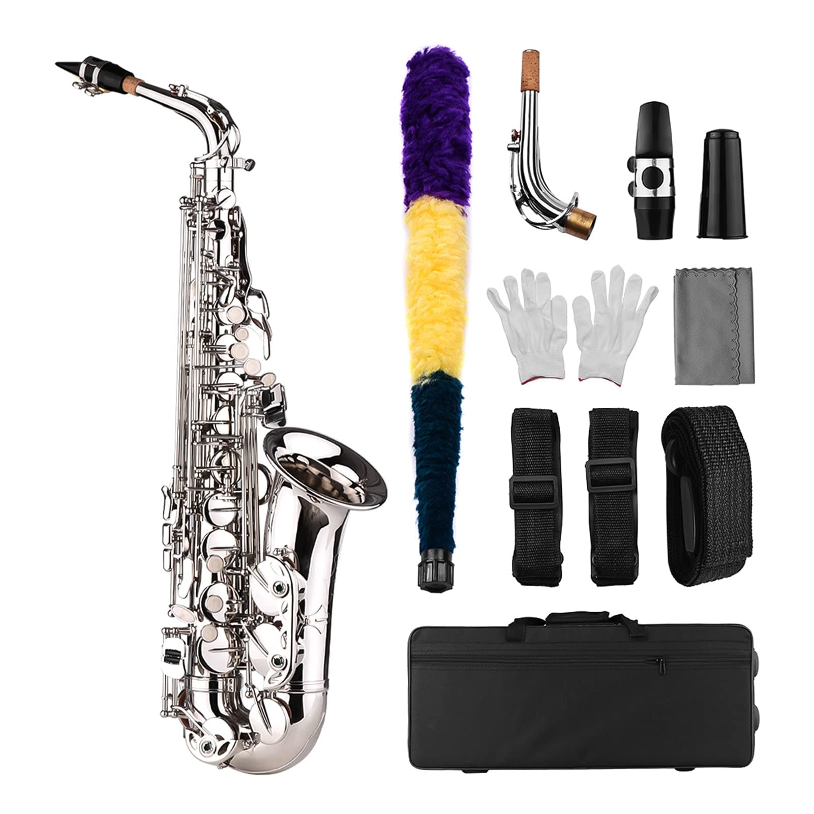 E Flat Alto Saxophone, Brass, Silver, Includes Mouthpiece, Cleaning Cloth, Brush, Gloves, Straps