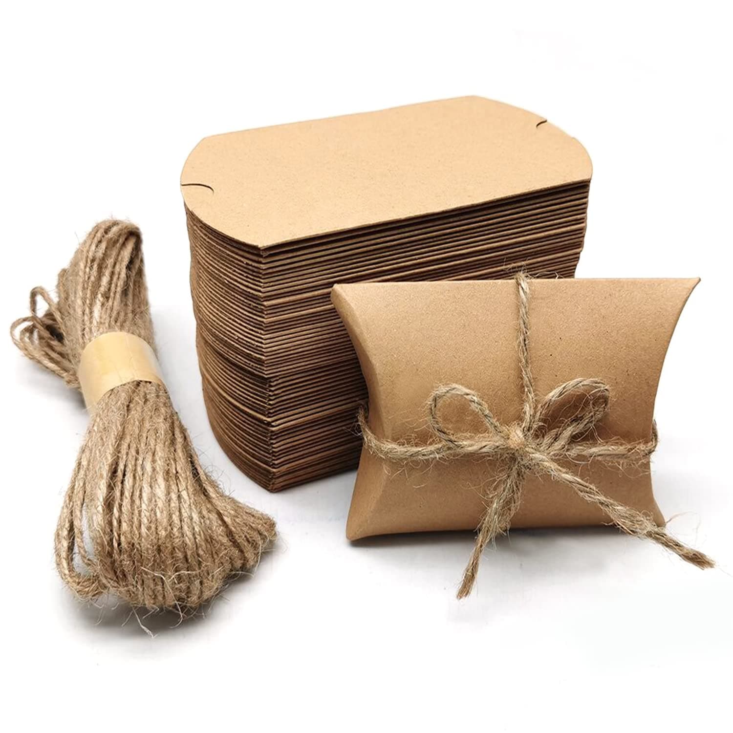 BallHull Kraft Paper Pillow Candy Box, Foldable Gift Box with Jute Rope for Weddings, Parties, Birthdays, Holidays, 60 Pcs