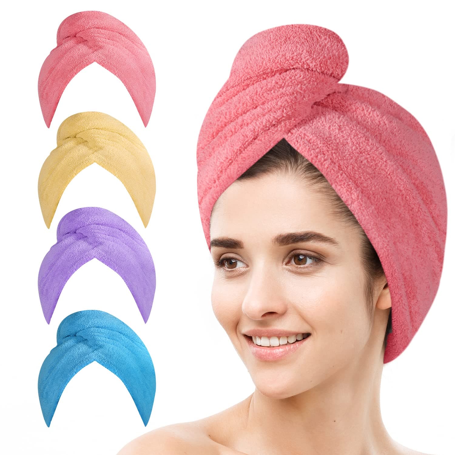 4 Pack Microfiber Hair Drying Towels, Fast Drying Hair Cap, Long Hair Wrap,Absorbent Twist Turban(Pink, Yellow, Blue, Purple)