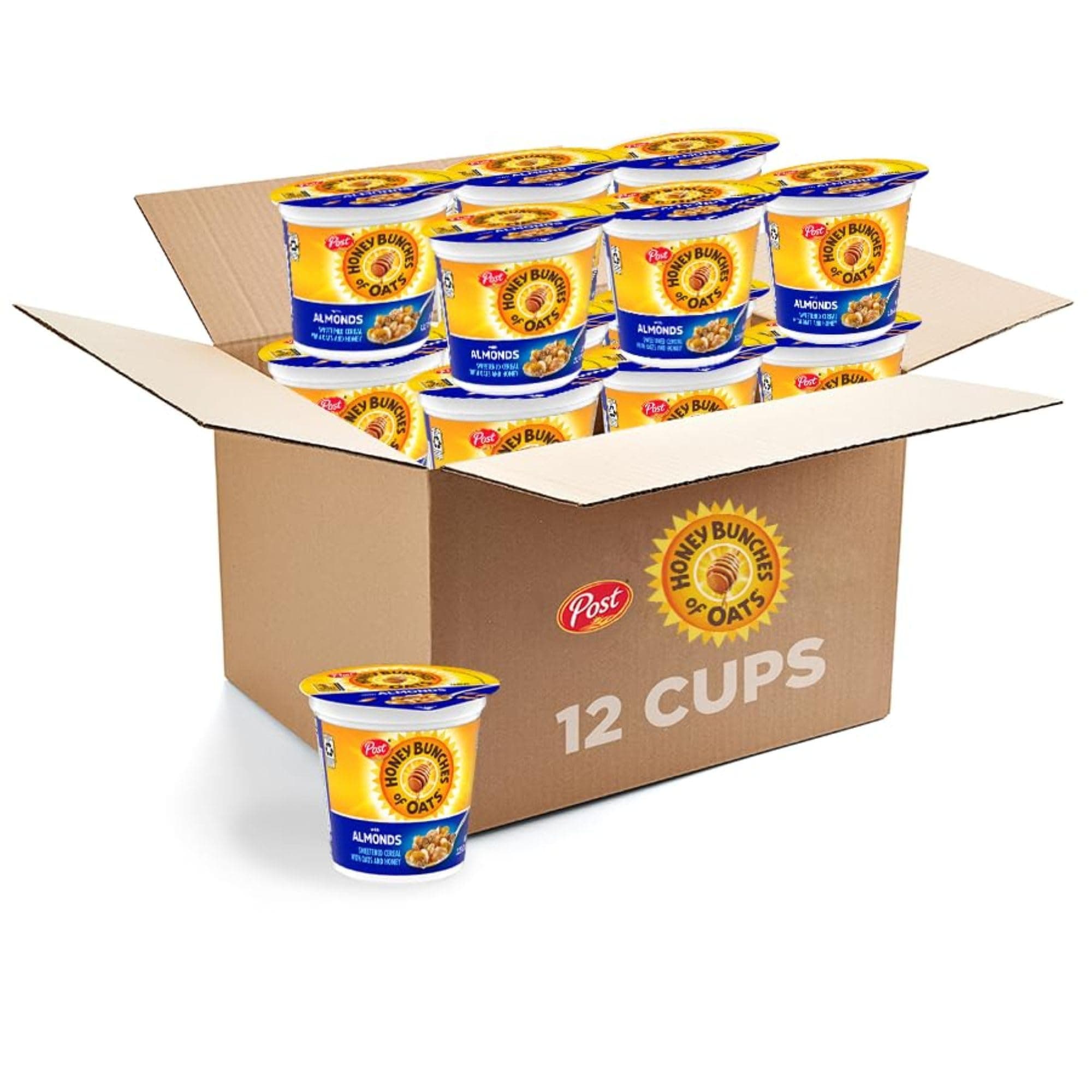 Honey Bunches of Oats with Almonds Breakfast Cereal Cup with Oat and Granola Clusters, Individual Cereal Cup, On-The-Go Breakfast, 2.25 oz Cup (Pack of 12)