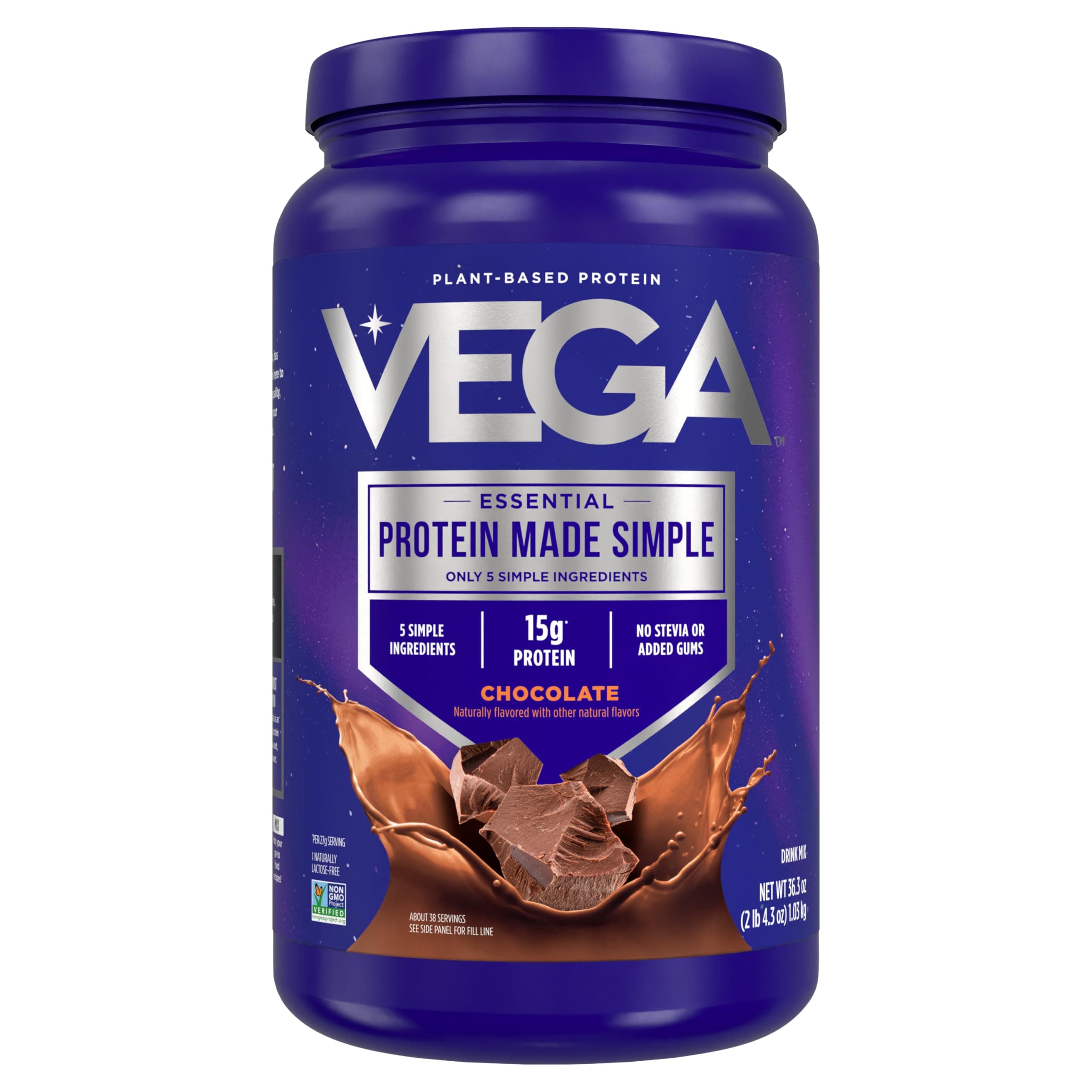 Vega Protein Made Simple - 15g Plant-Based Pea Protein, Chocolate, 39 Servings, Stevia Free, No Artificial Sweeteners or Gums, Non-GMO, Gluten Free, Dairy Free, 2.3lbs (Packaging May Vary)