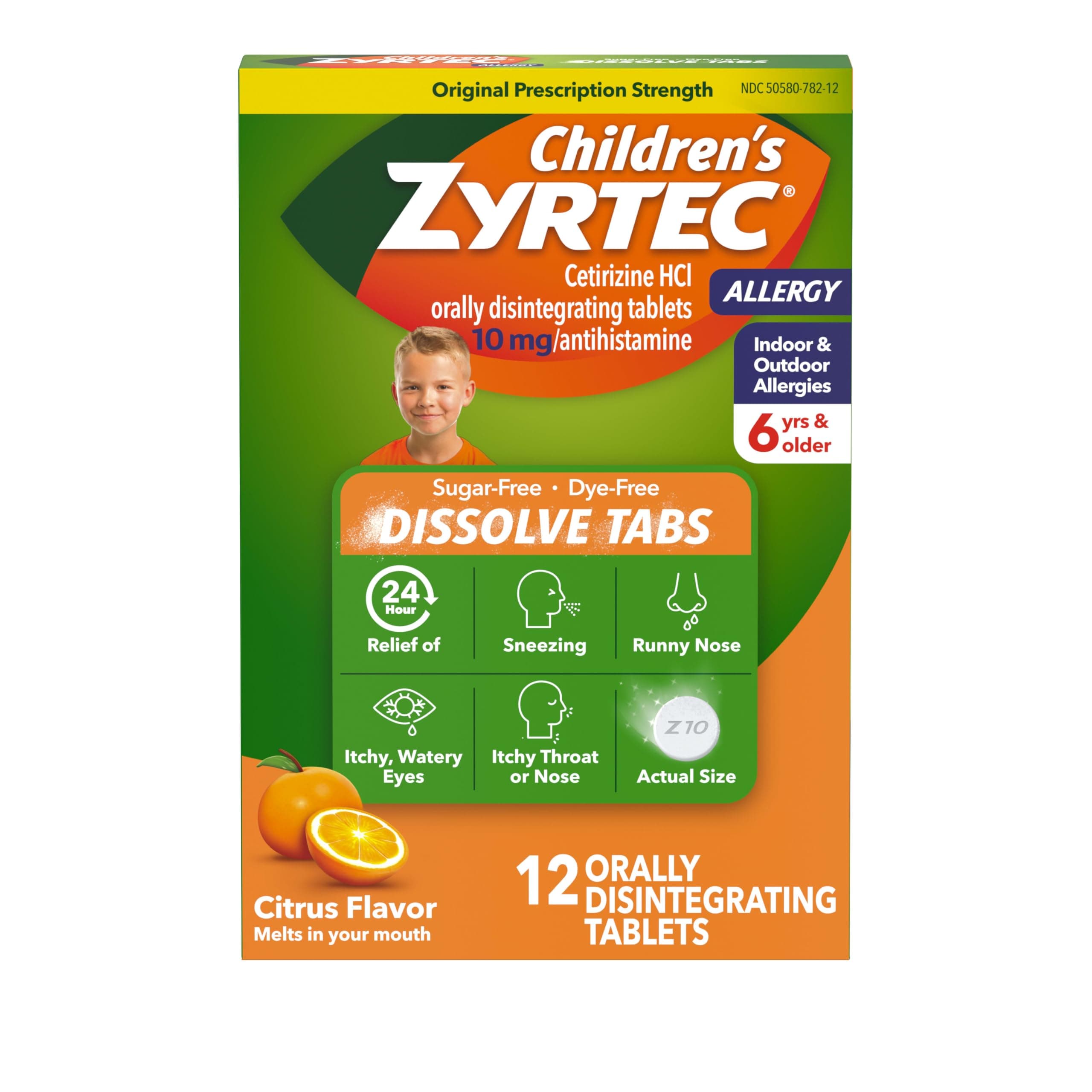 Children's 24 Hour Dissolving Allergy Relief Tablets with 10 mg Cetirizine Hydrochloride Antihista-Mine, Dissolvable Allergy Medicine for Kids Ages 6 Years+, Citrus Flavor, 12 ct