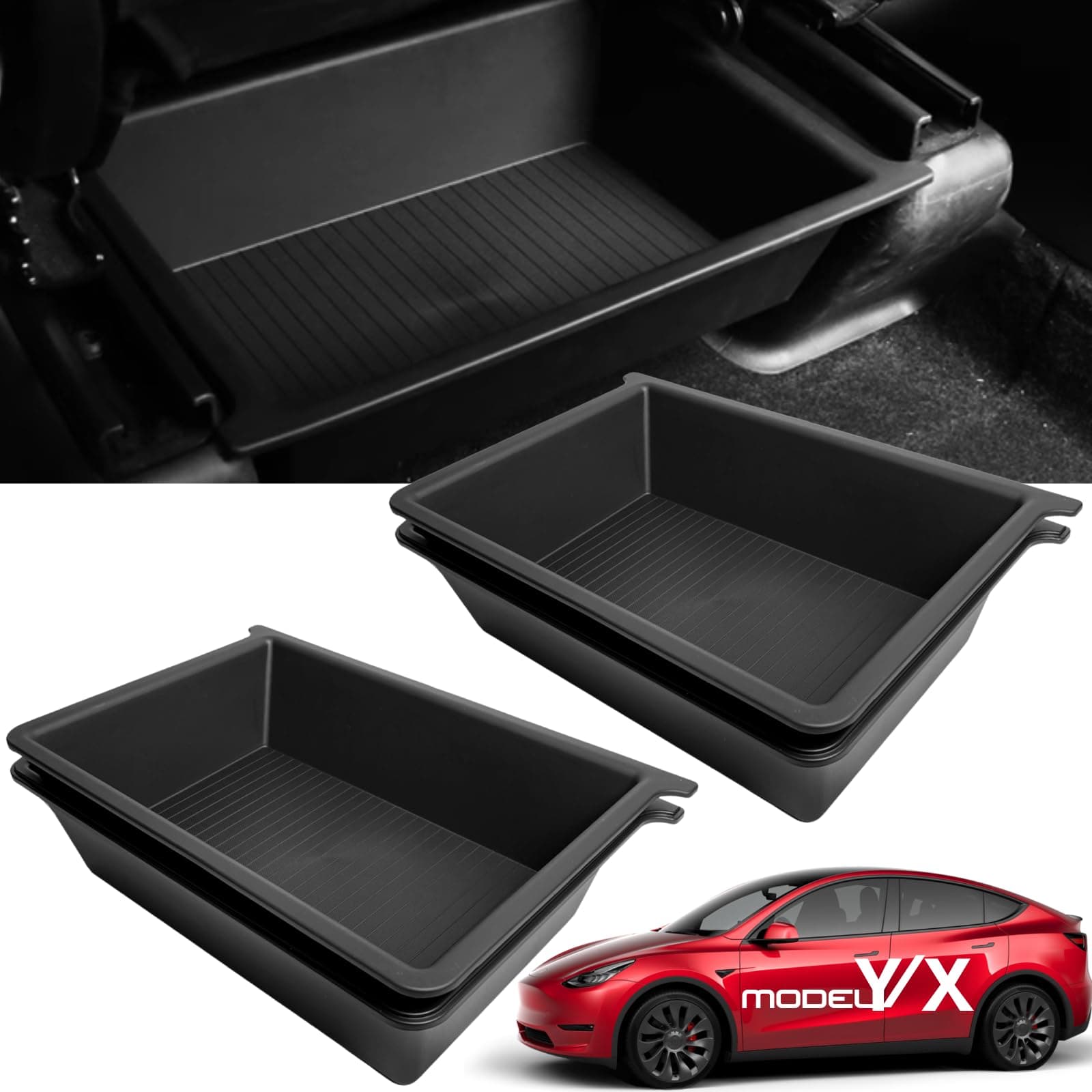 Model X/Y Under Seat Storage Organizer for Tesla 2025 2024 2023 2022 2021 2020 Interior Accessories - ABS + TPE Bunk Hidden Storage Tray Front Underseat Storage Box for Driver Passenger