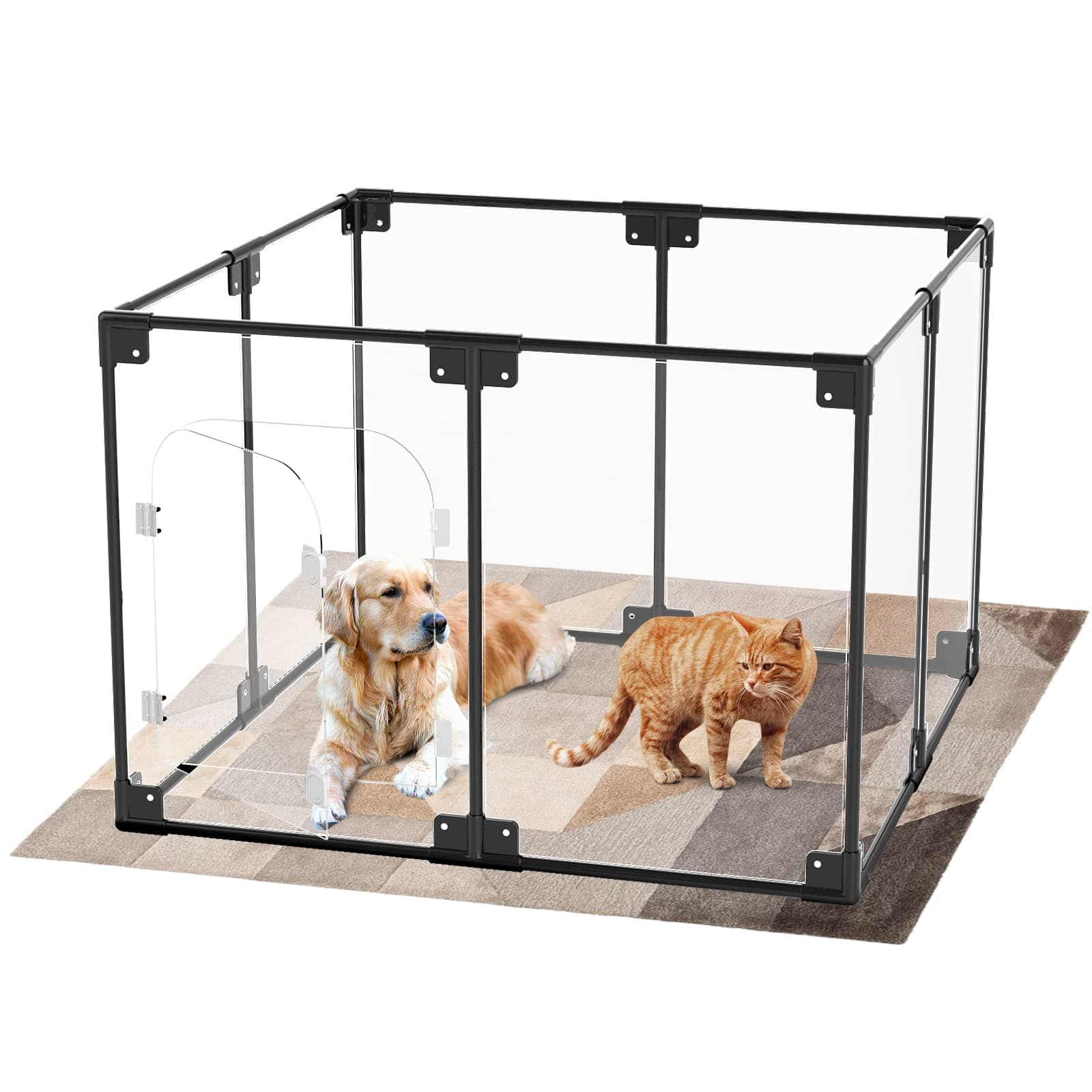 Maerd Modern Rectangular Dog Playpen, Clear, Black, Indoor, 40x40x28.3 inches