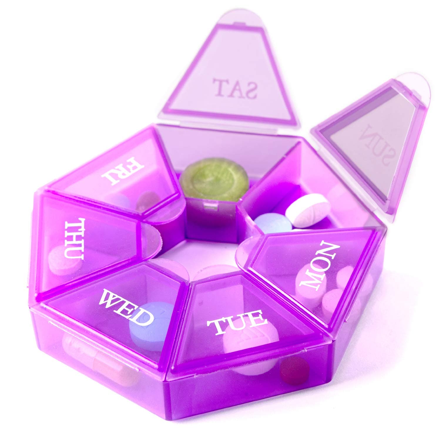 7-Sided Portable Pill Box Medicine Planner Small case (Seven Day Weekly Travel Container) Medication, Vitamin Holder Boxes Organizer Pillbox Dispenser Organizer, sorter and Reminder containers