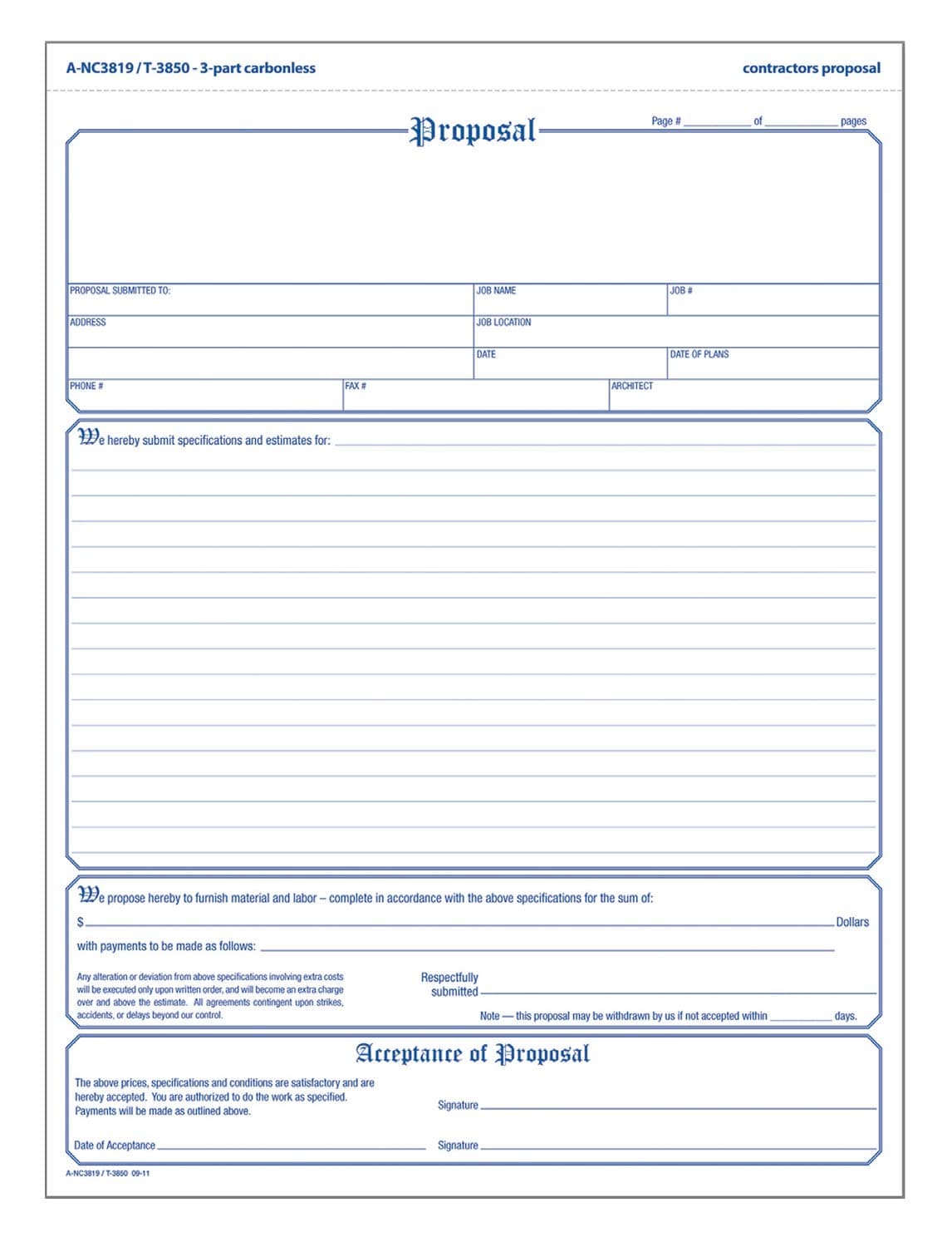 Contractor's Proposal Forms, 8.5 x 11.44 Inch, 3-Part, Carbonless, 50-Pack, White, Canary and Pink (NC3819)