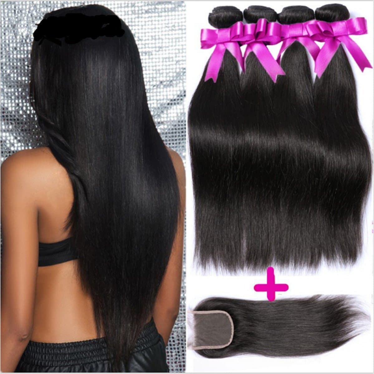 Vedar Beauty 4 Bundle Hair Extension + 1 Closure 5A Full Cuticles 100% Remy Virgin Peruvian Straight Weave 4pcs 10" 12" 14" 16"and 1 Piece Remy Hair Closure(44)10"