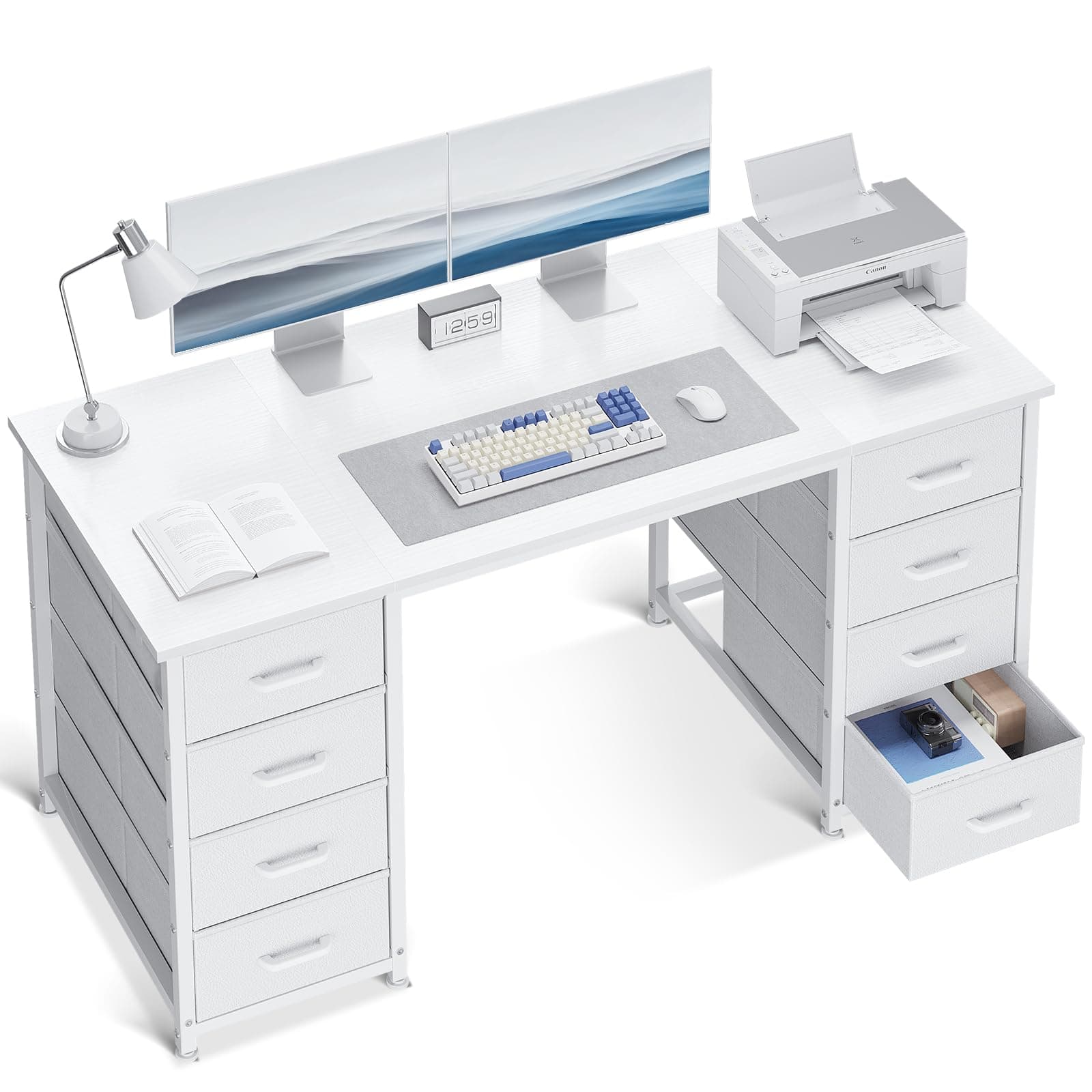 ODK 48 Inch White Computer Desk with 8 Fabric Drawers, Modern Office Desk with Large Storage for Home Office, Study, Gaming, White