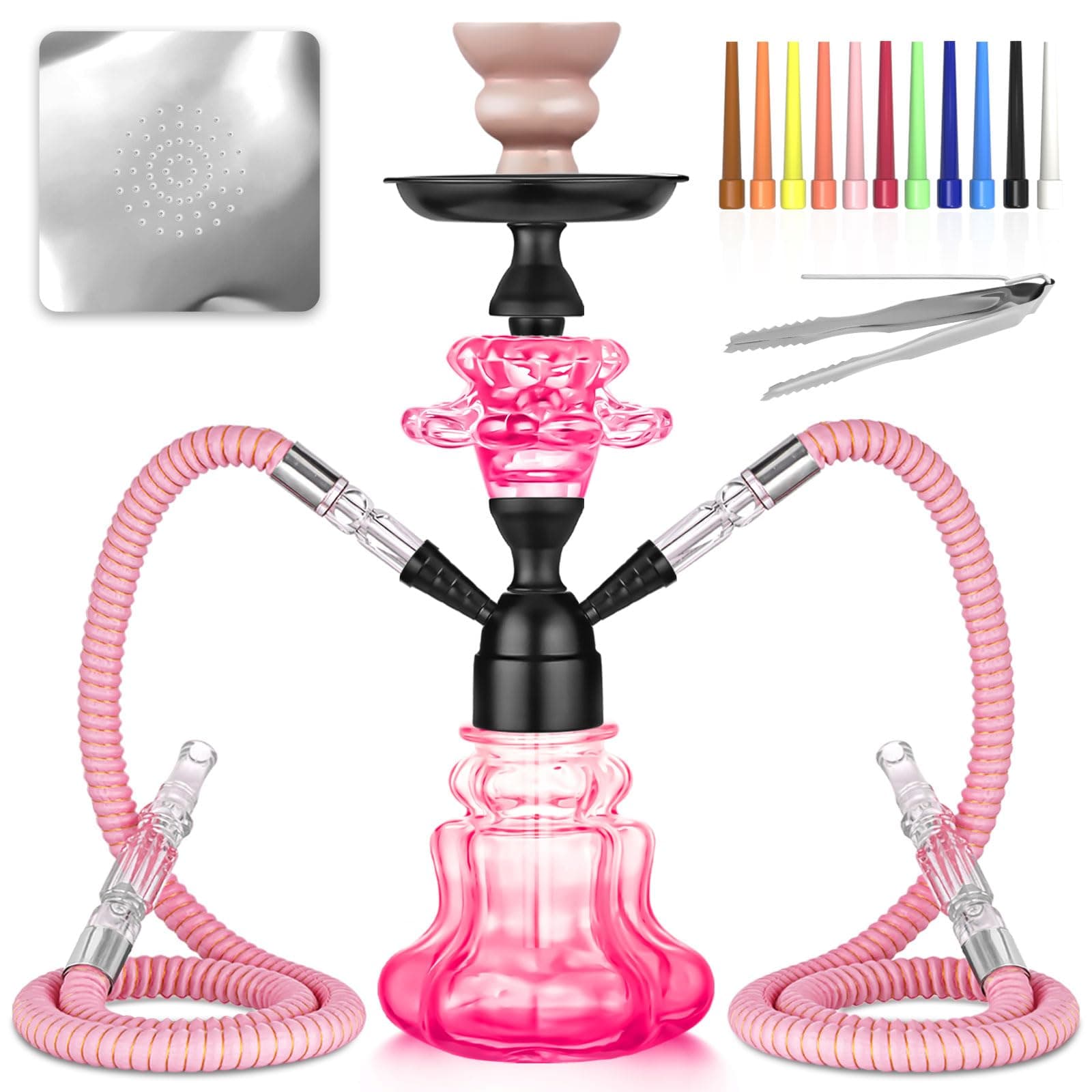 Hookah Set With Everything 14'' Shisha Hookah Complete Set - Glass Flower Vase, Ledther Hose, Foils, HookahTips, Ceramic Bowl, Coal Tong (Pink)