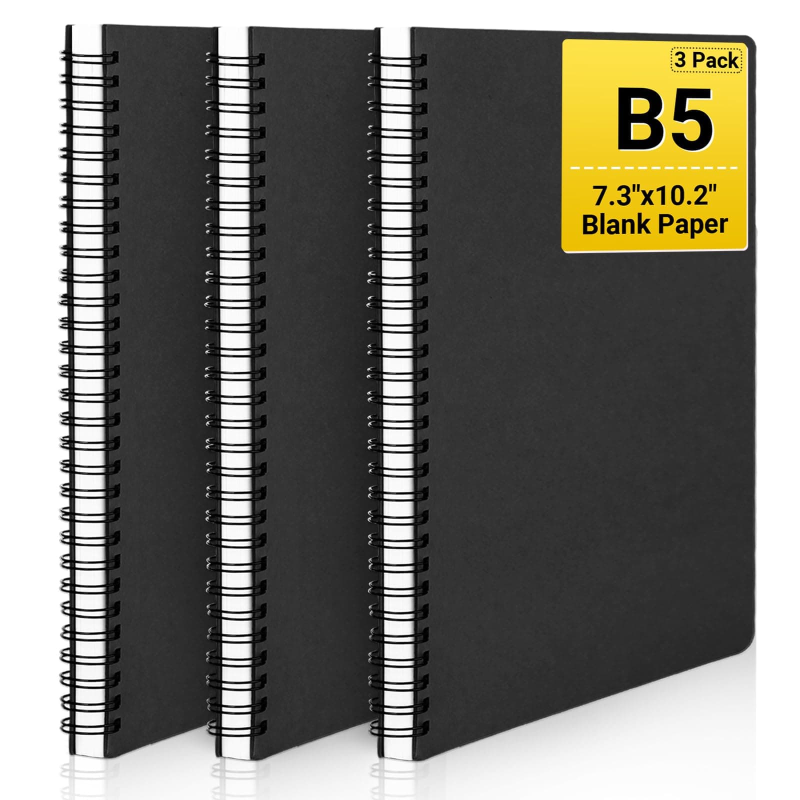 Blank Notebook Journal, B5 3 packs 7.3"x10.2" Black Hardcover Spiral Plain Travel Writing Notebooks, Notepad Sketchbook, Students College Office Business Subject Diary Spiral Book Journal