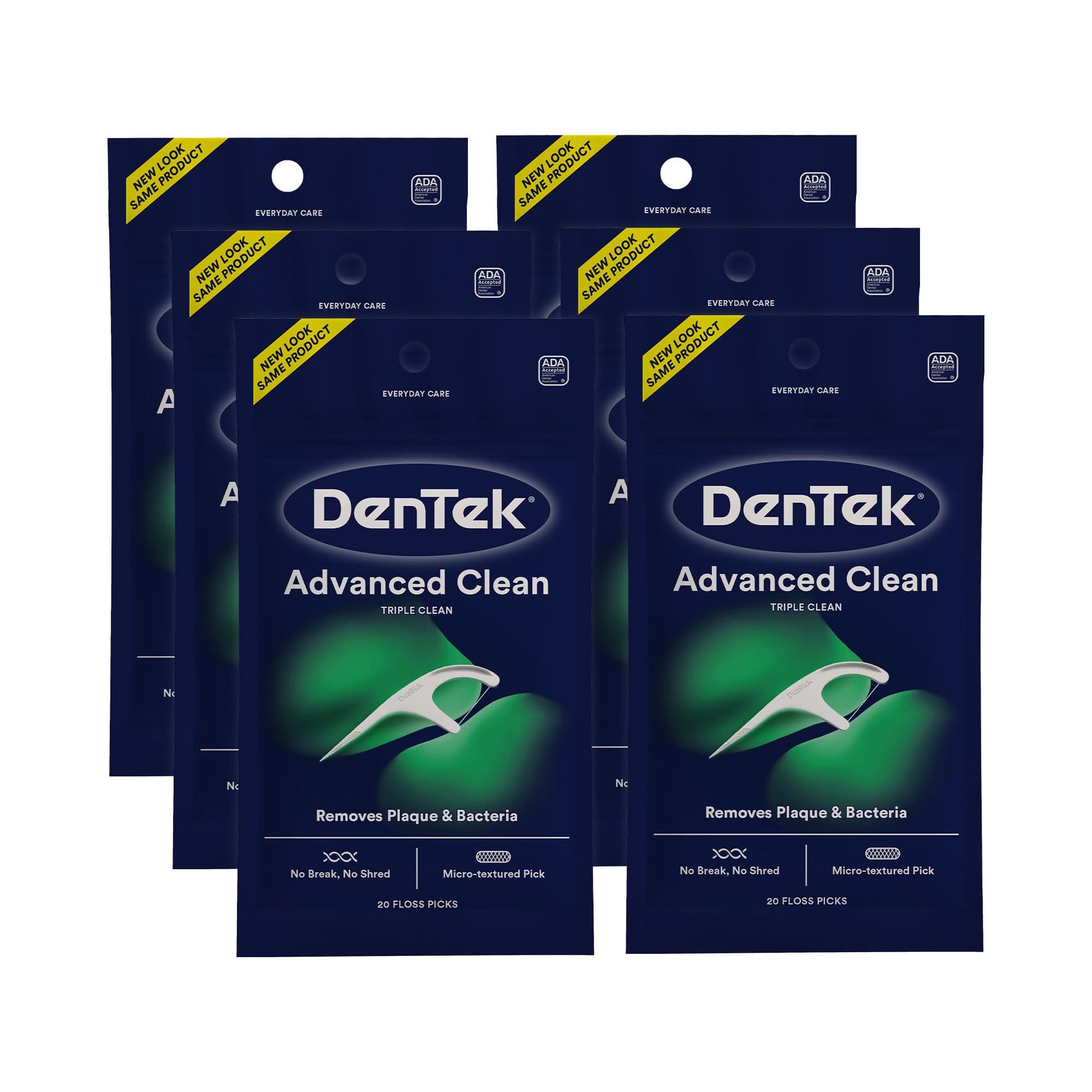 DenTek Advanced Clean Floss Picks with No Break & No Shred Dental Floss, Plaque Remover, 20 Count, Pack of 6