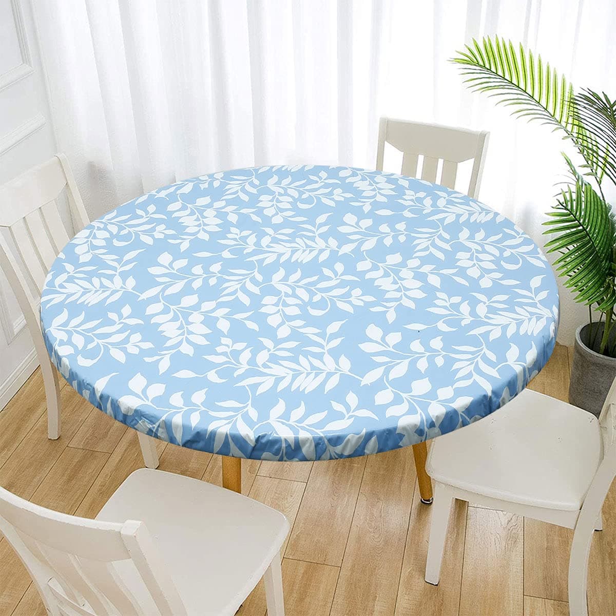 Waterproof Round Tablecloth, Elastic Edged Fitted Flannel Backed Table Cover Stain Resistant Oil-proof PVC Table Protector Cover for Dinning Room Kitchen Picnic Party (Blue Leaves, 90-110cm)
