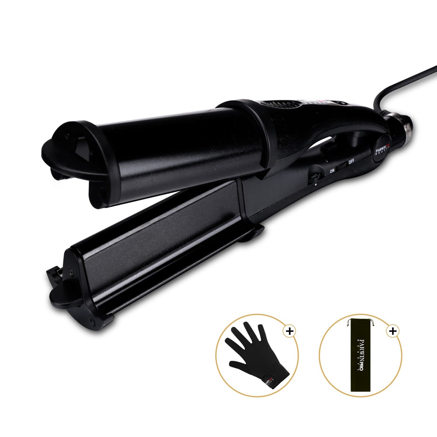 PARWIN PRO Deep Waver Curling Wand 2 in 1 Professional Hair Curler with Heat Settings, Anti-scalding Insulated Tip & Heat Resistant Glove For Big Wavy Hair Styles, Black