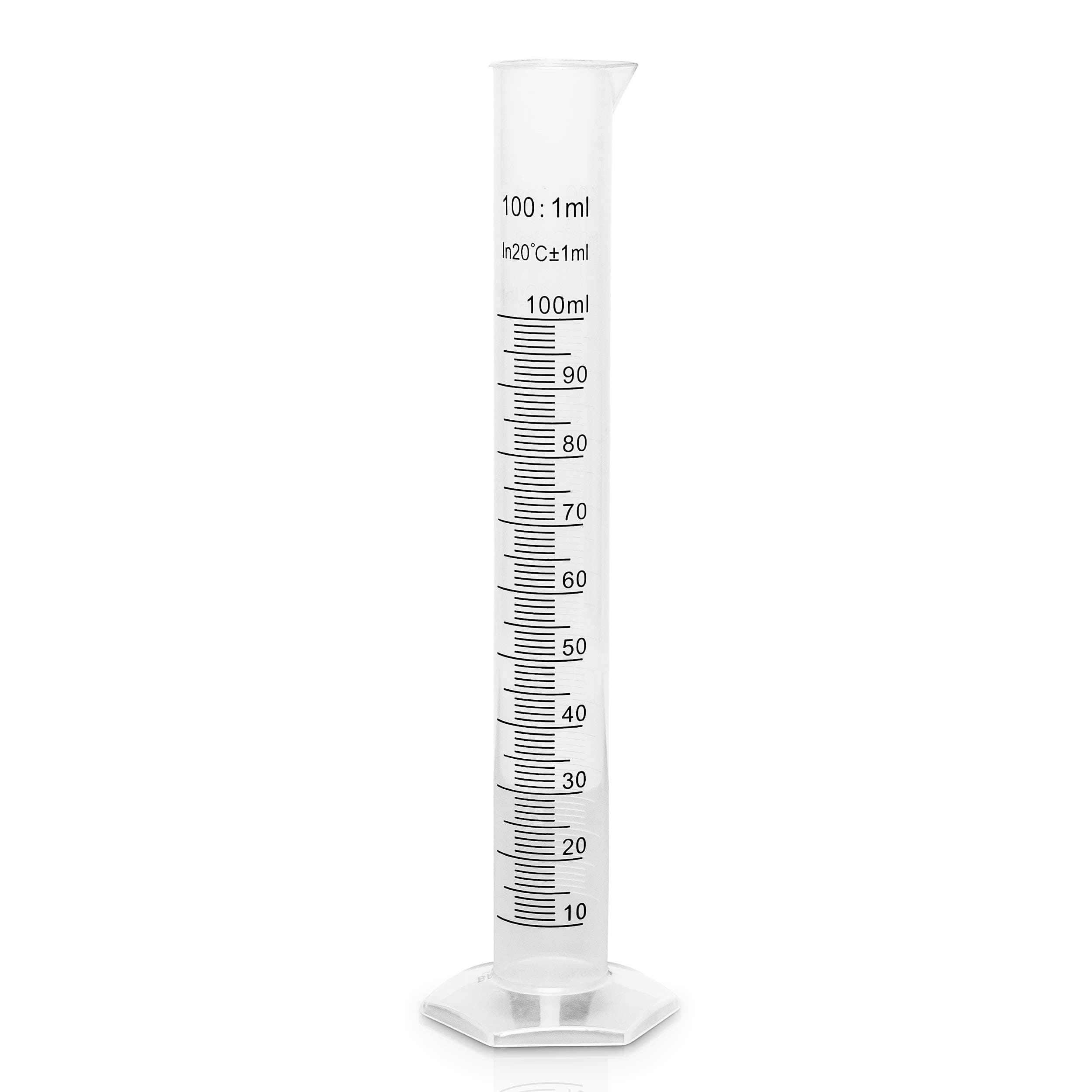 100ml Plastic Graduated Cylinder Beaker - 100ml Science Measuring Test Tube Flask, 2-Sided Marking - Black and Raised Graduation Lines, Pour Spout