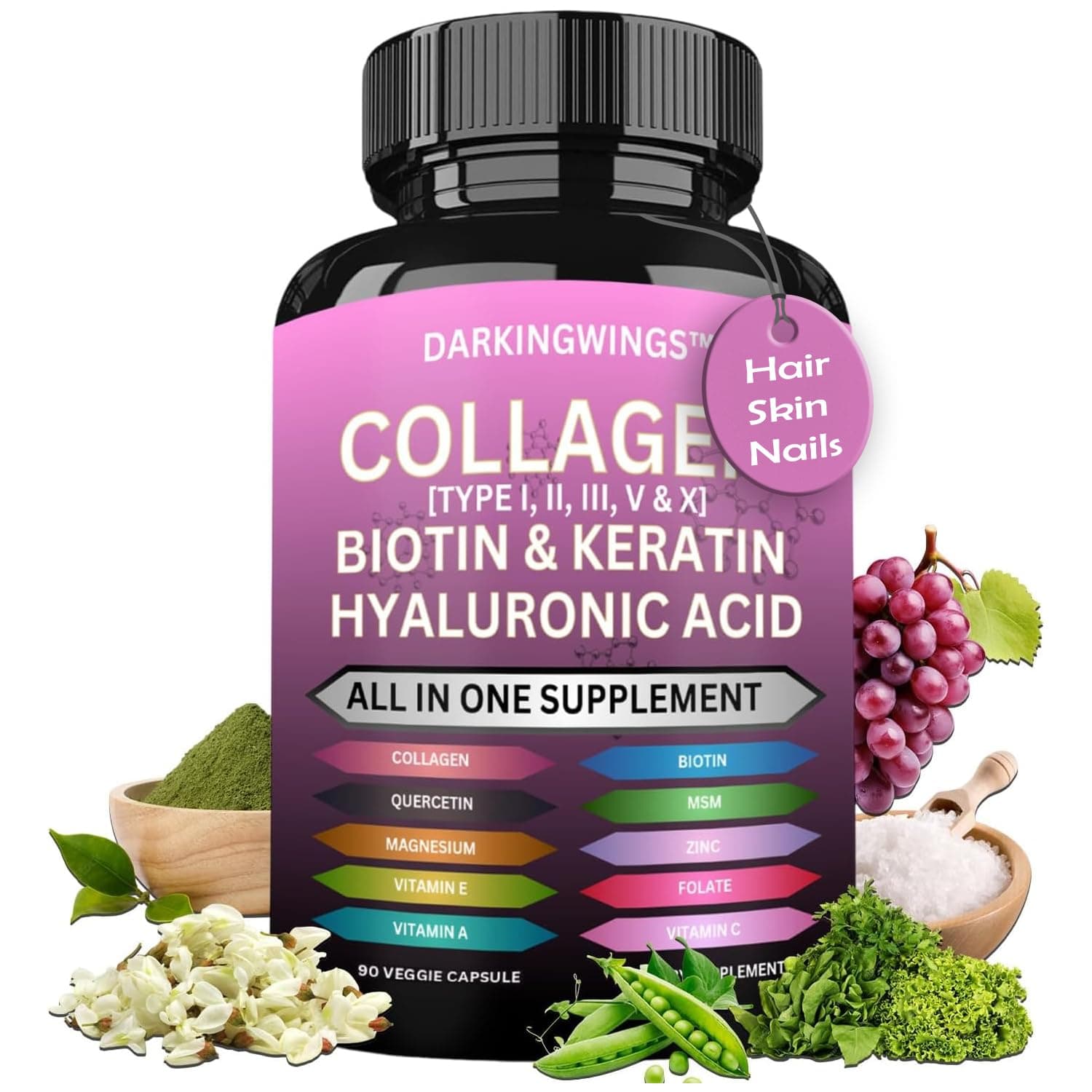 Multi Collagen Pills Peptides Types I, II, III, V & X MCG Biotin Keratin Hyaluronic Acid MSM Vitamin C Zinc Magnesium with Grape Seed Extract, Quercetin - Hair Skin and Nails Vitamins Capsule