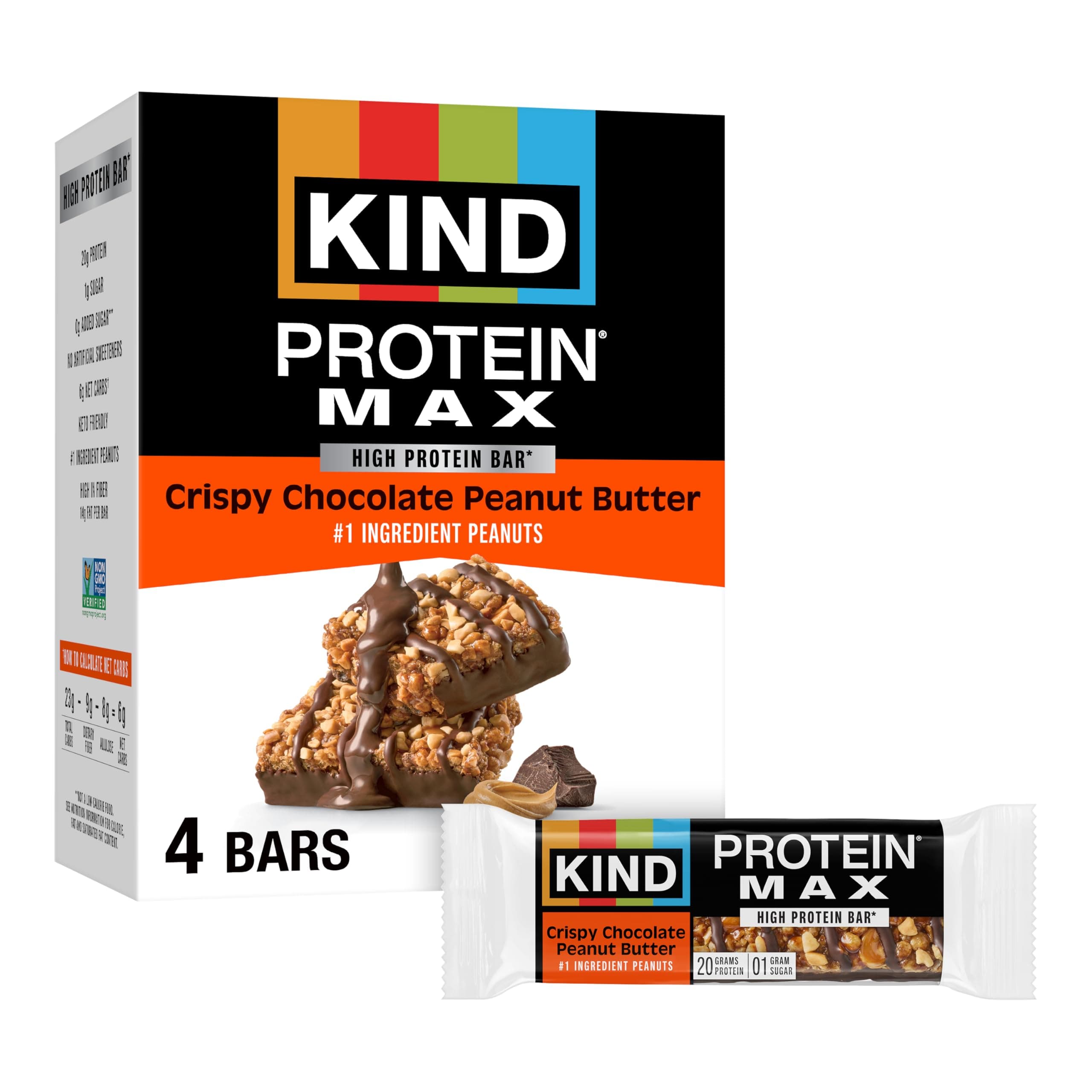 Protein MAX Bars, Crispy Chocolate Peanut Butter, Gluten Free, Low Sugar, High Fiber Snacks, 20g Protein, 4 Count