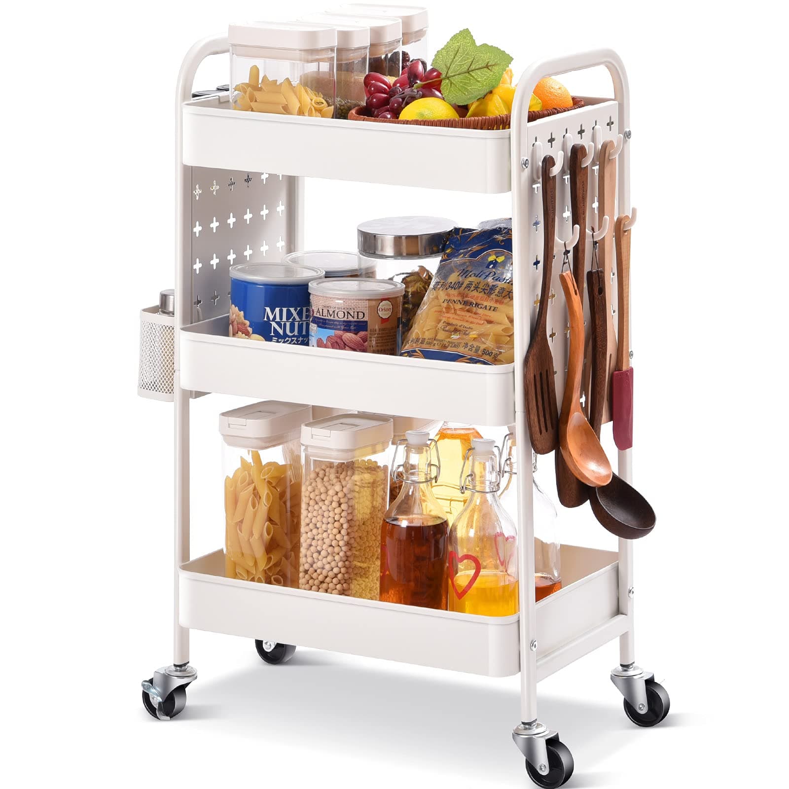 TOOLF 3-Tier Rolling cart, Utility Storage Cart with DIY Dual Pegboards, Art Craft Trolley with Removable Baskets Hooks, Organizer Serving Cart Easy Assemble for Office, Home, Kitchen, Classroom,WHITE