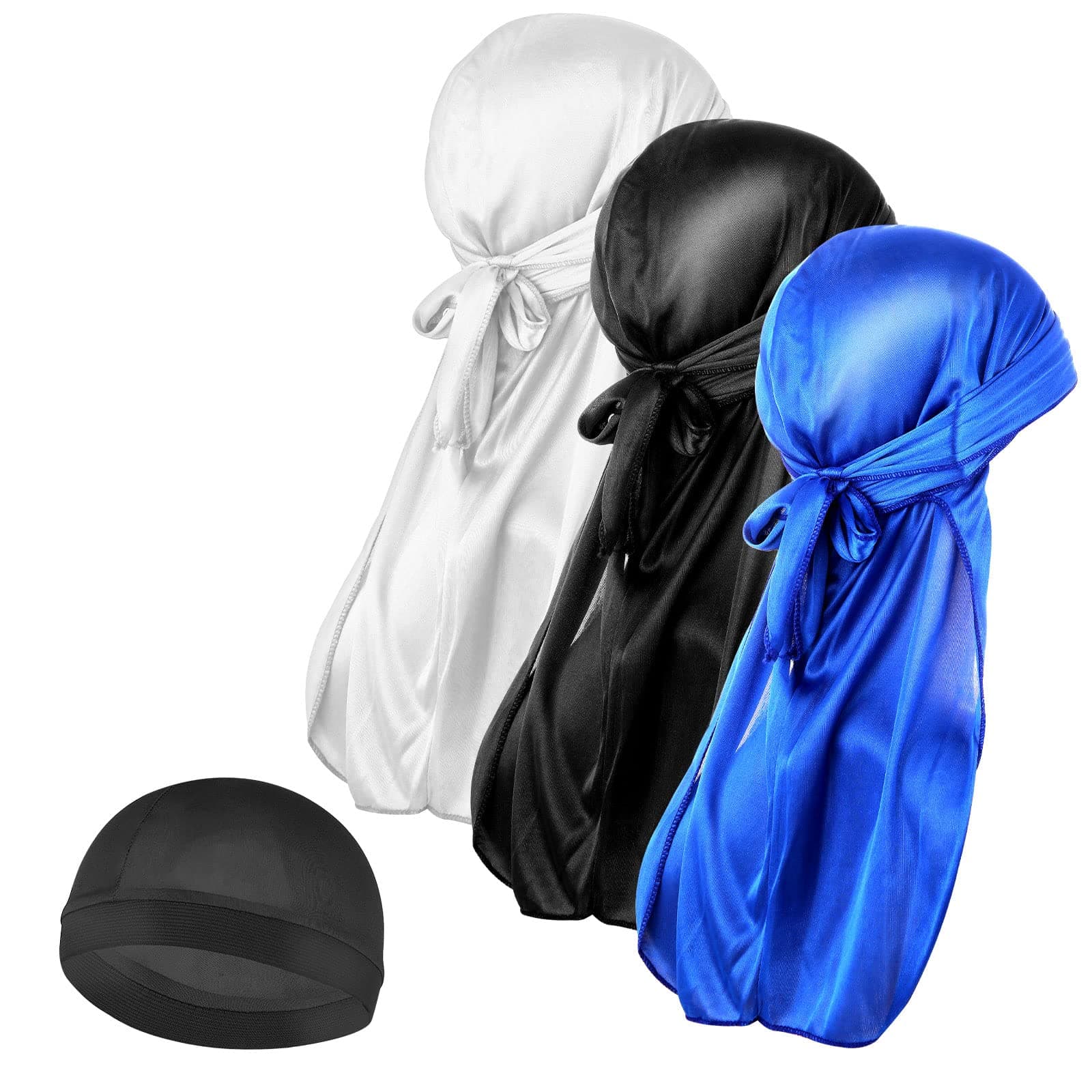3 Pieces Silk Wave Cap and 1Pcs Silky Durag Caps with Long Tail Headwraps Elastic Durags Soft Breathable Silky Stocking Wave Hair Cap Perfect for 360/720 Waves