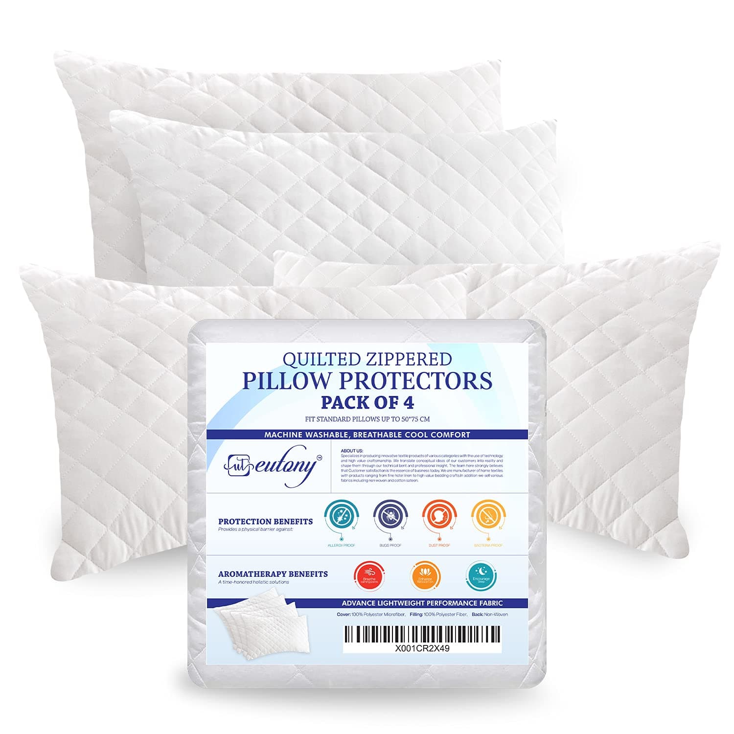 Ultra Luxe Pillow Protectors 4 Pack - Quilted Zipped Microfiber Pillowcase Covers, Soft & Breathable, Hypoallergenic, 50 x 75cm - White