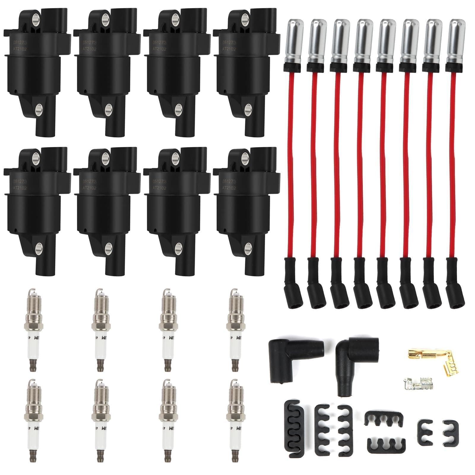 8PCS UF414 Round Ignition Coils Pack & Iridium Spark Plugs & Spark Plug Wires Set Fits for Chevrolet Corvette Avalanche Silverado 1500 2500 3500 GMC Savana 1500 2500 Cadillac Escalade D514A
